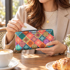 A graphic showing the clutch wallet's key features, including its compartments, mandala print, and zip closure.