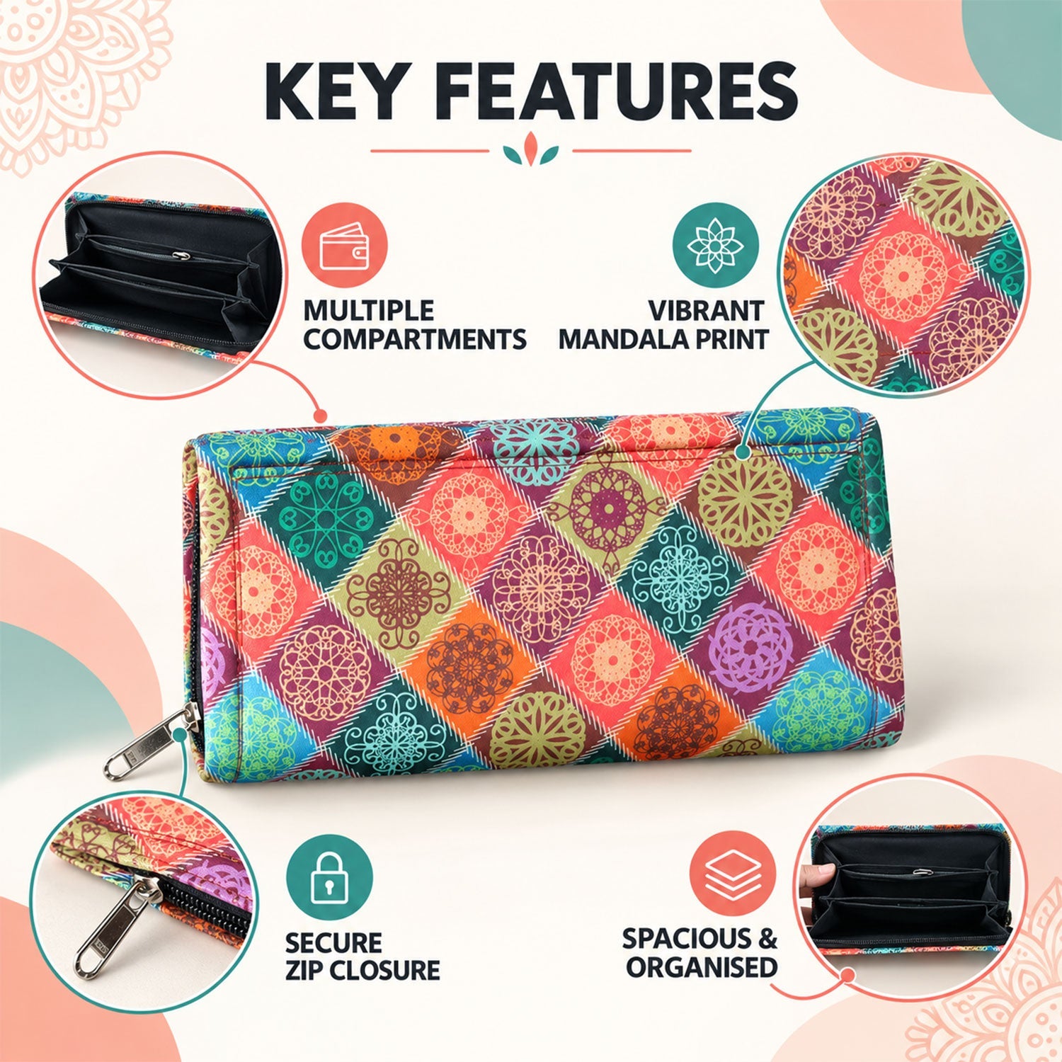 A rectangular clutch wallet with a colorful, geometric mandala pattern and a silver zipper is displayed on a white surface.
