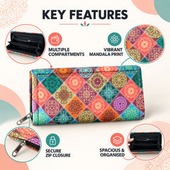 A rectangular clutch wallet with a colorful, geometric mandala pattern and a silver zipper is displayed on a white surface.