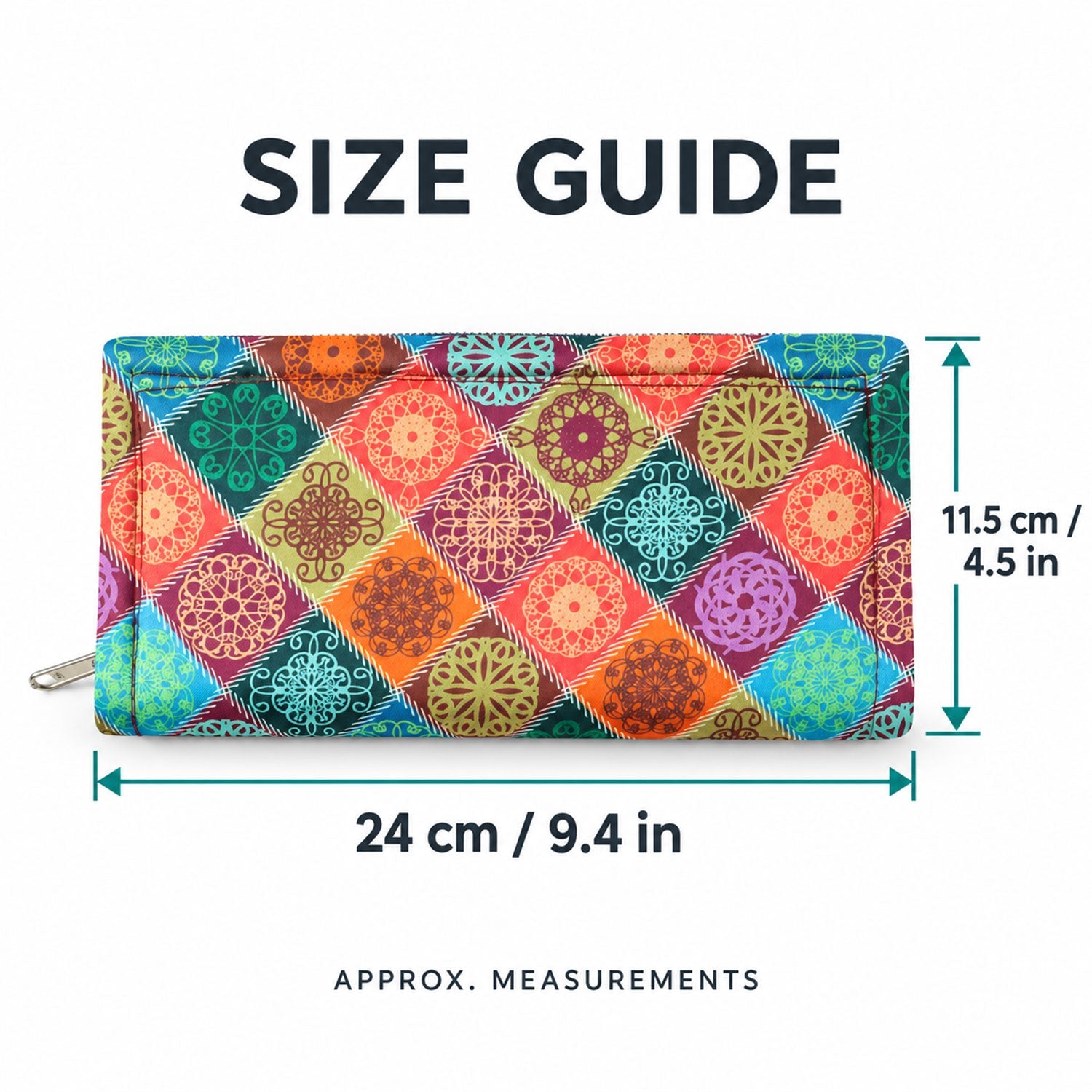A graphic highlighting the material and quality of the clutch wallet, including its fabric exterior, stitching, and soft