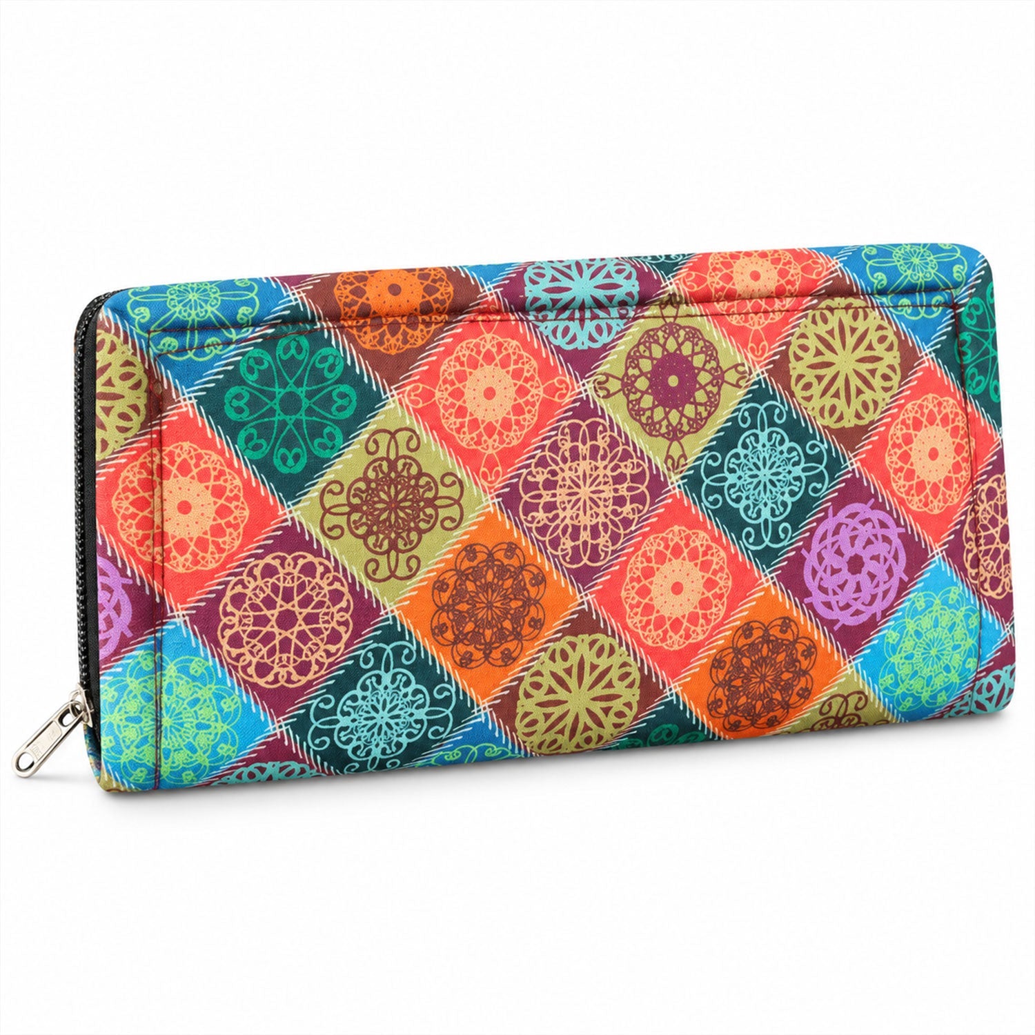 A graphic illustrating the dimensions of the patterned clutch wallet, showing its length and width measurements.