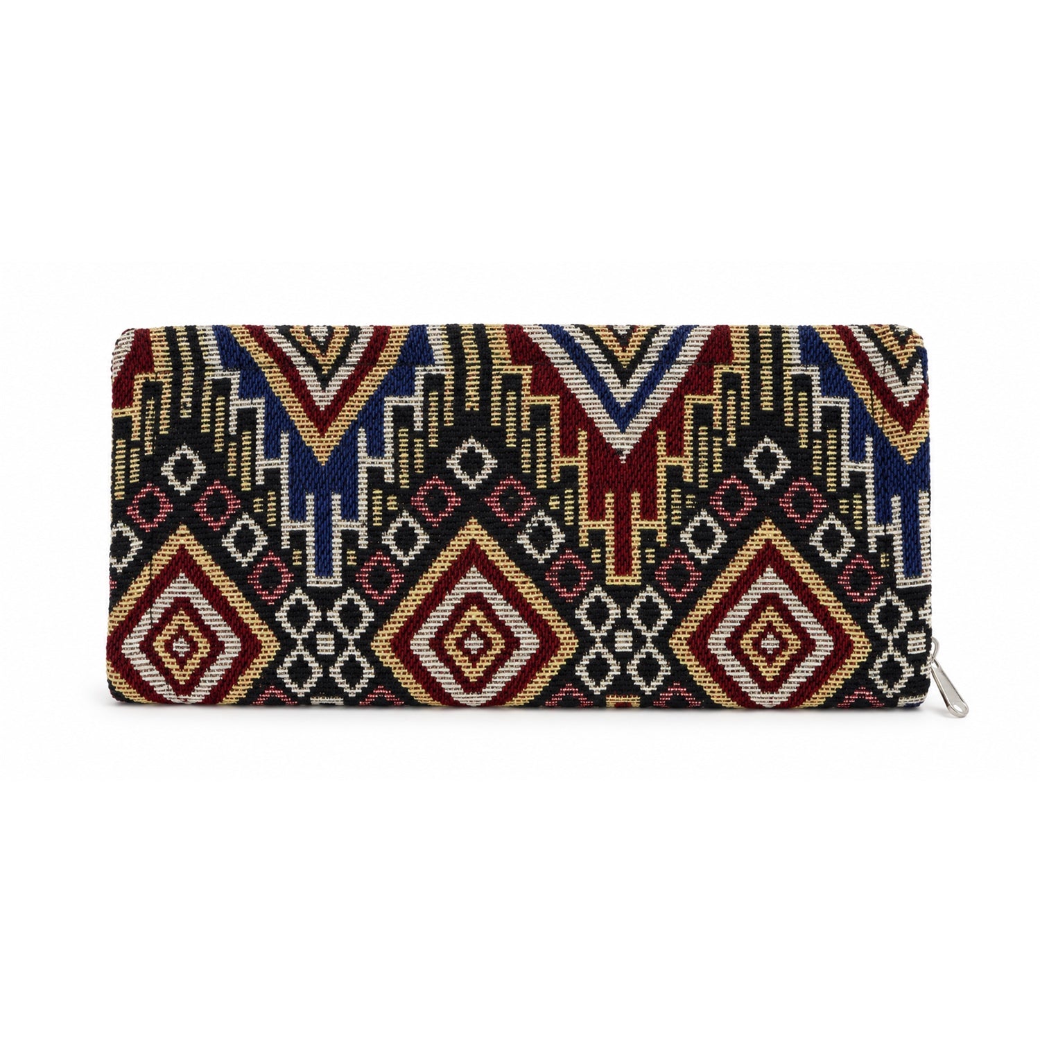 A closed rectangular clutch wallet with a vibrant geometric pattern in red, blue, yellow, and black, against a white