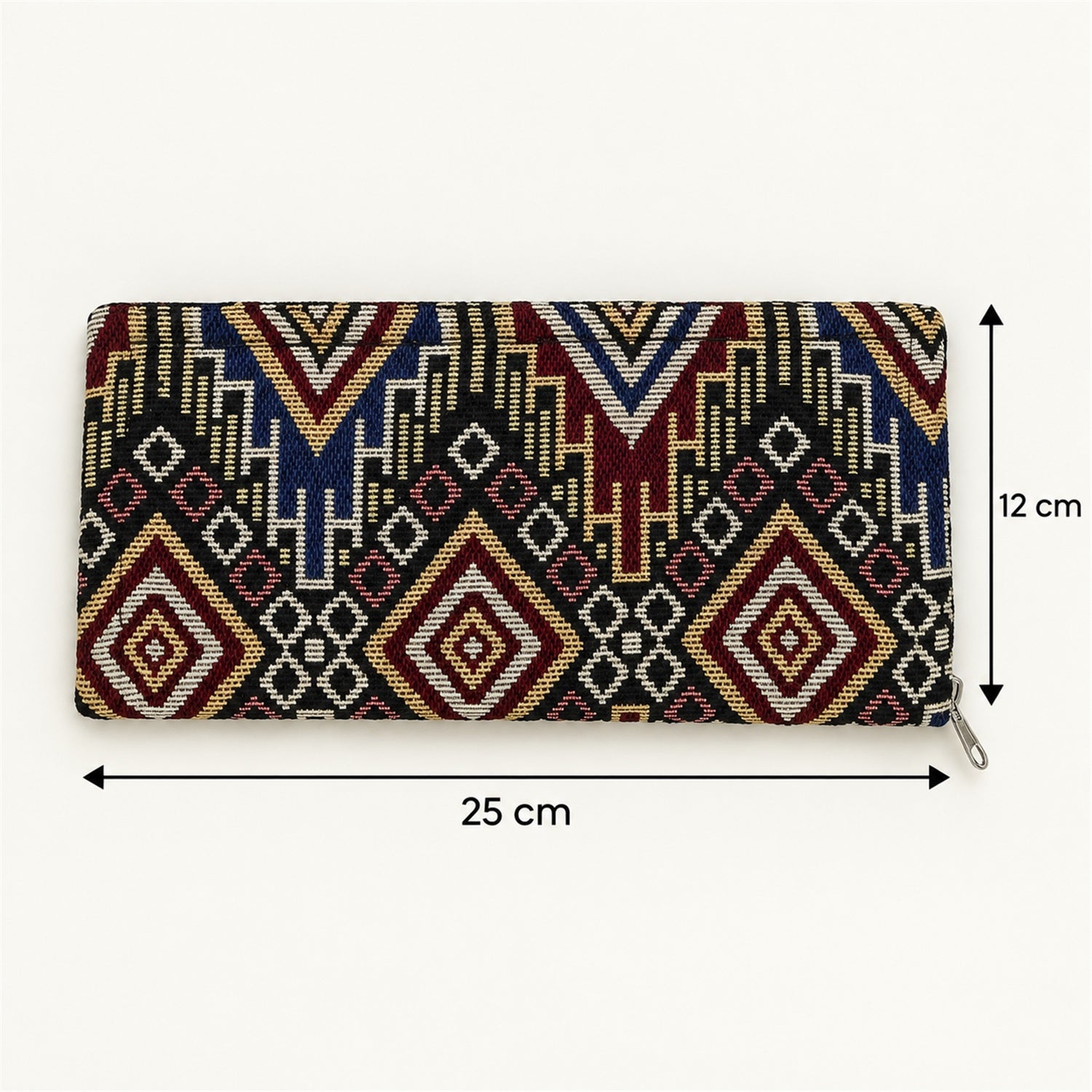A geometric patterned clutch wallet with dimensions 25 cm by 12 cm indicated by arrows on a plain background.