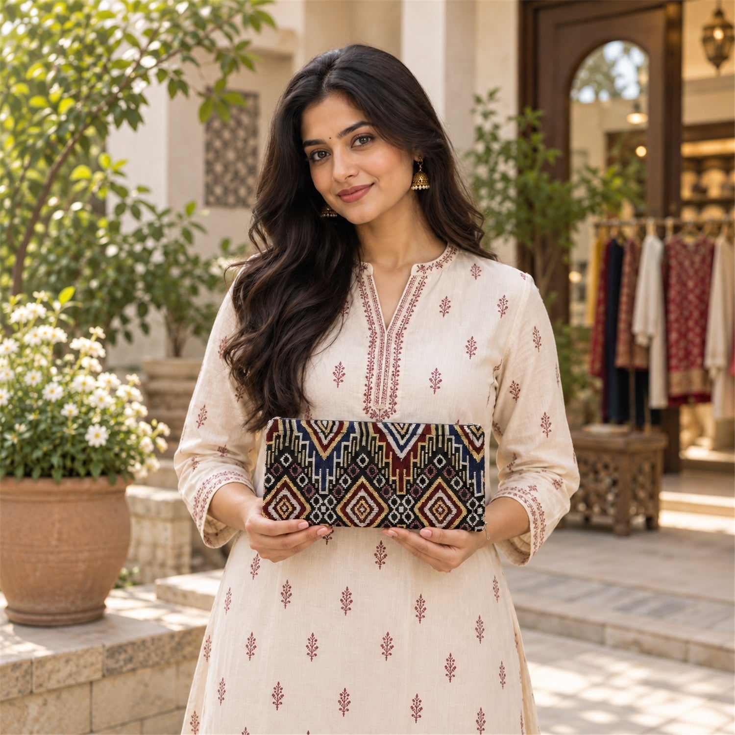 A smiling woman in an embroidered cream dress holds a colorful geometric patterned clutch wallet in front of a building.