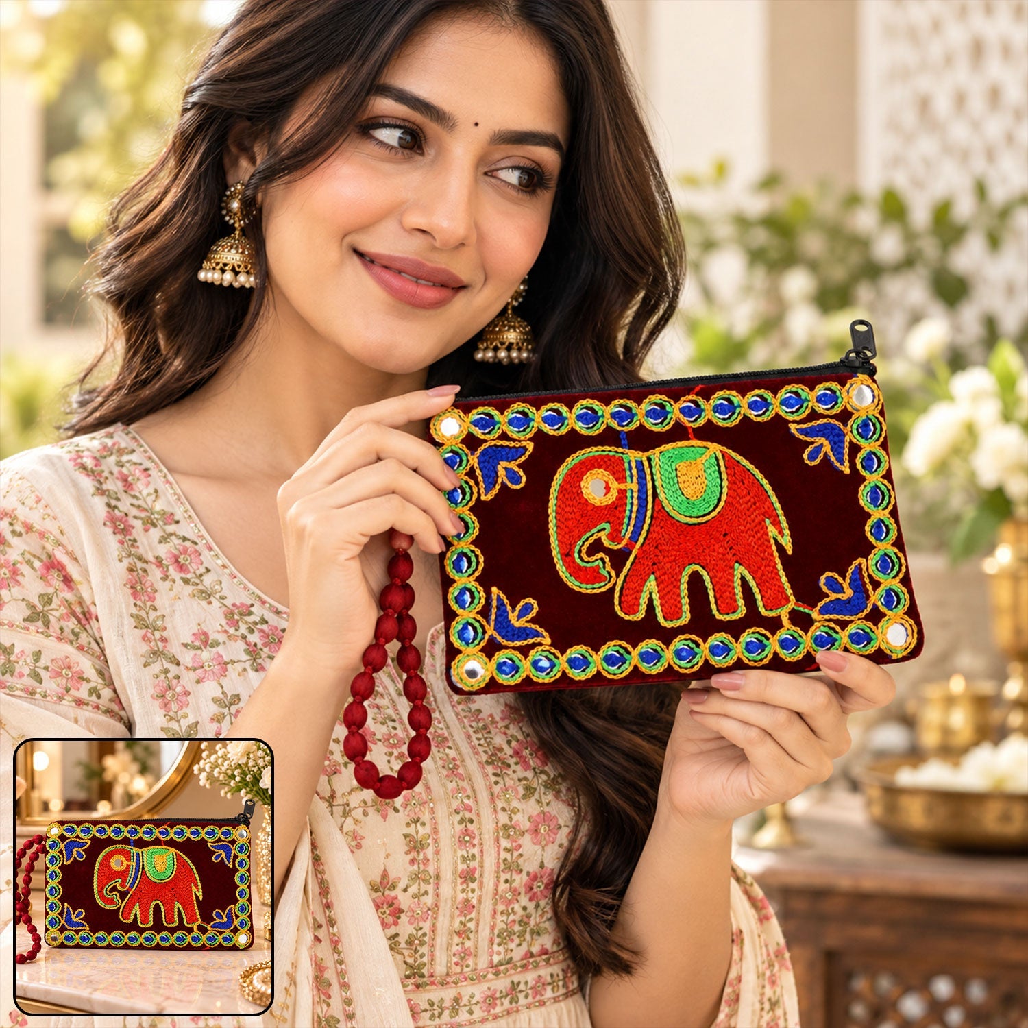 A woman holds a dark red velvet clutch purse with a red elephant embroidery and blue and green beaded trim, smiling gently.