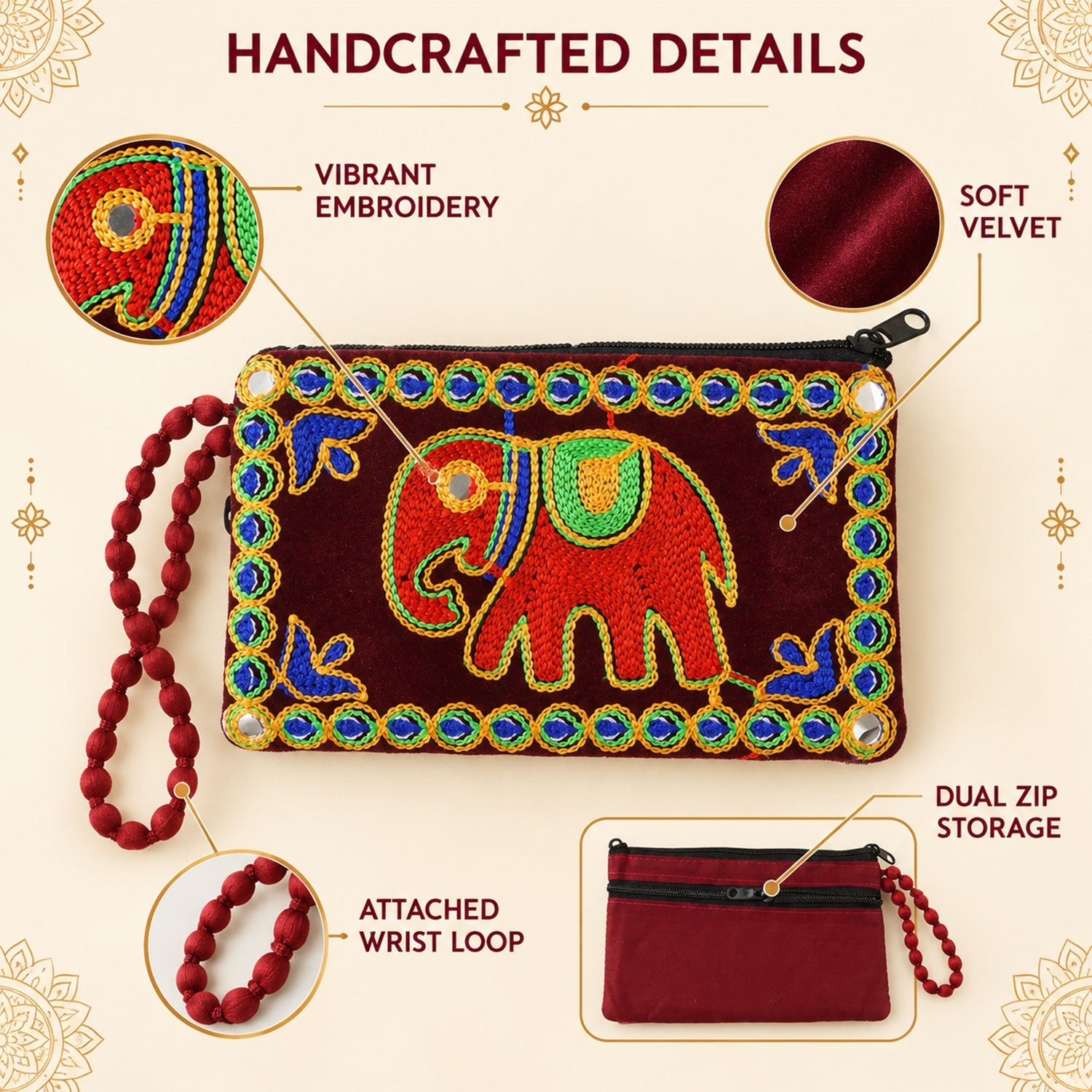 A dark red velvet clutch purse with vibrant elephant embroidery, soft velvet material, dual zip storage, and an attached