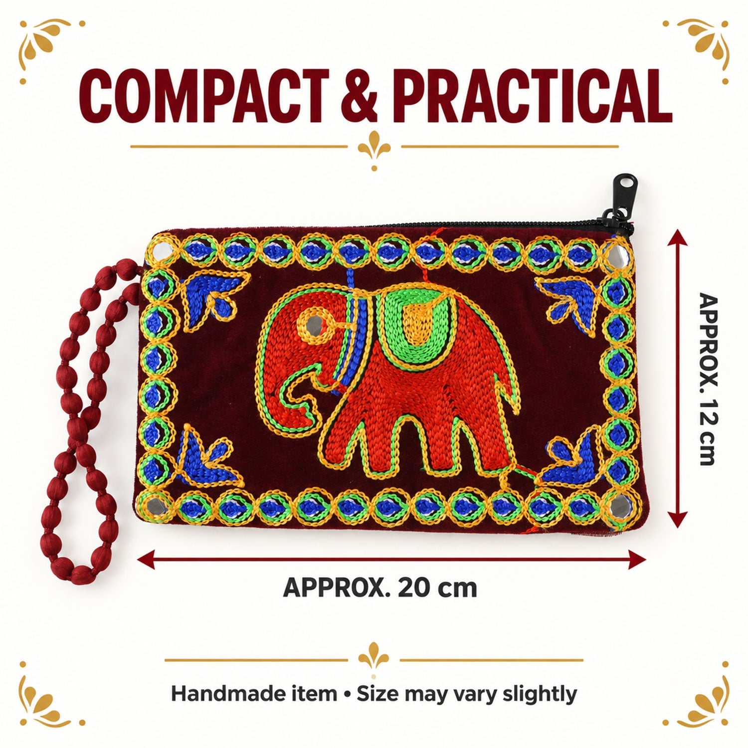 A dark red velvet clutch purse with an embroidered elephant and beaded trim, showing its compact size of 12x20 cm.