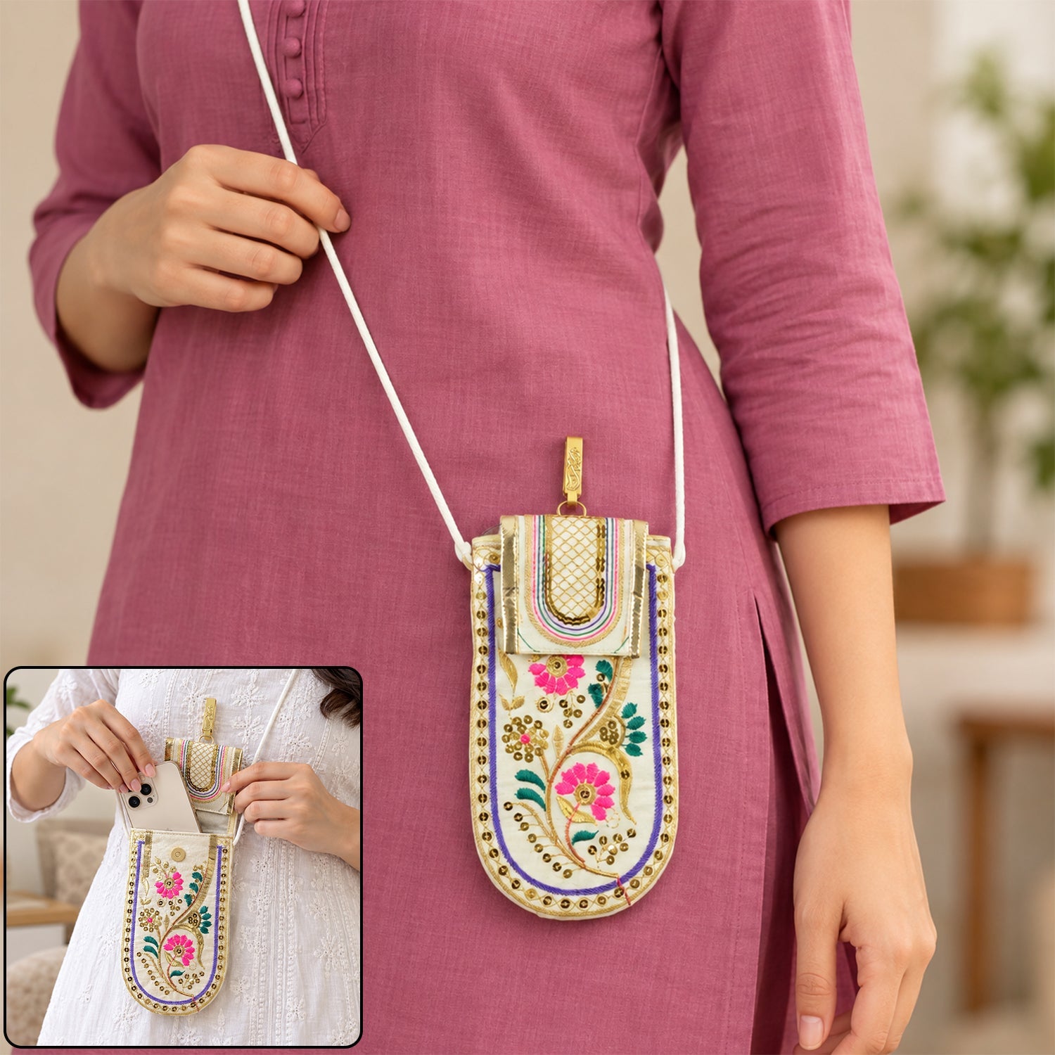 A person in a pink top wears a white embroidered mobile pouch with a white sling strap, with an inset showing a phone being