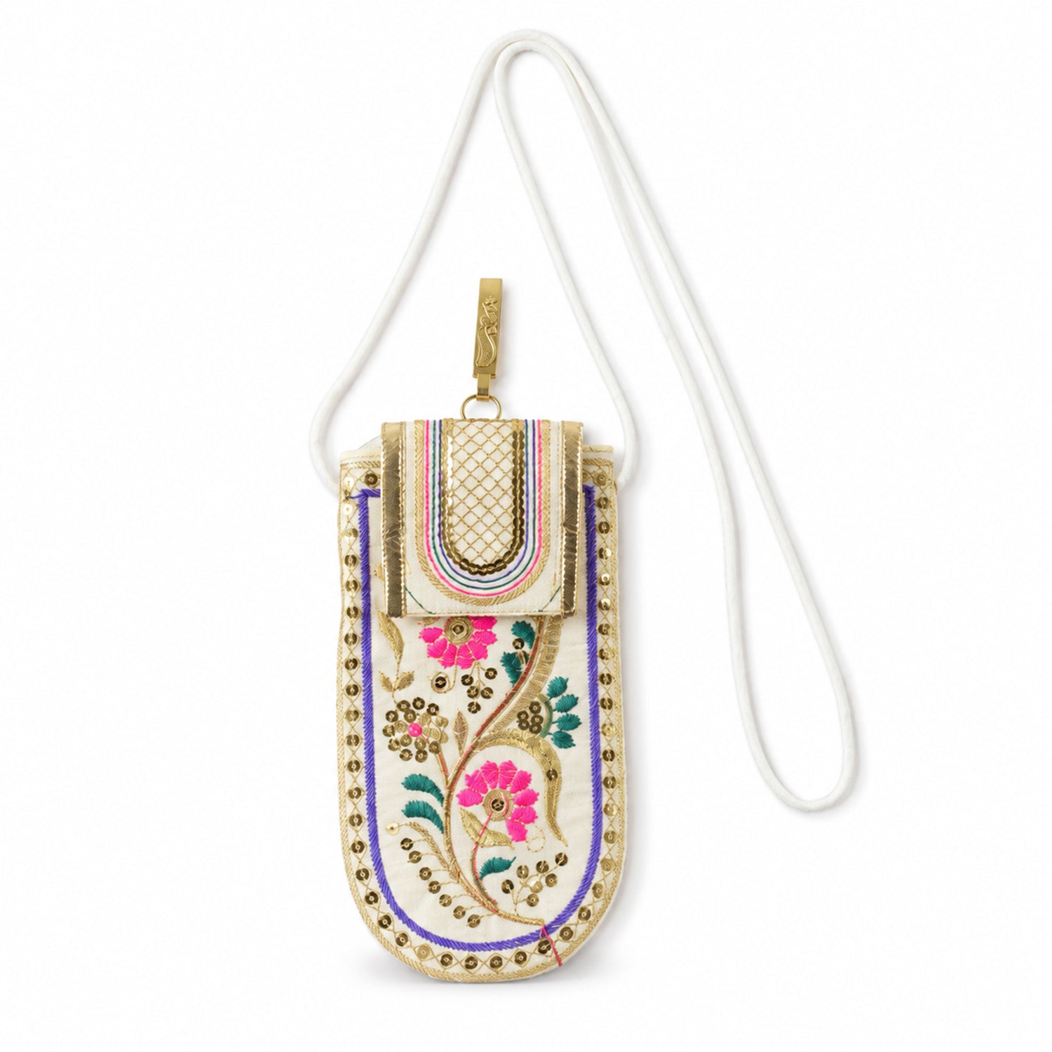 A white embroidered mobile pouch with a white sling strap and a gold clip is displayed on a plain background.