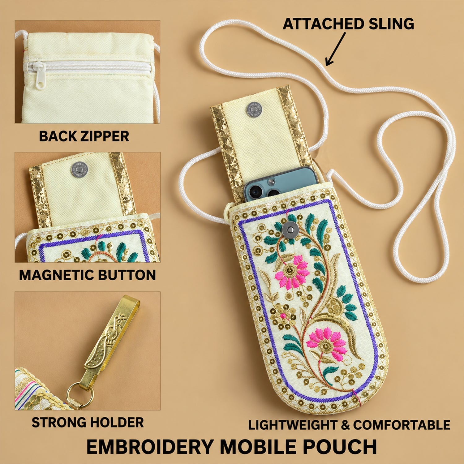 An embroidered mobile pouch with a white sling strap, showing a back zipper, magnetic button, and strong holder details.