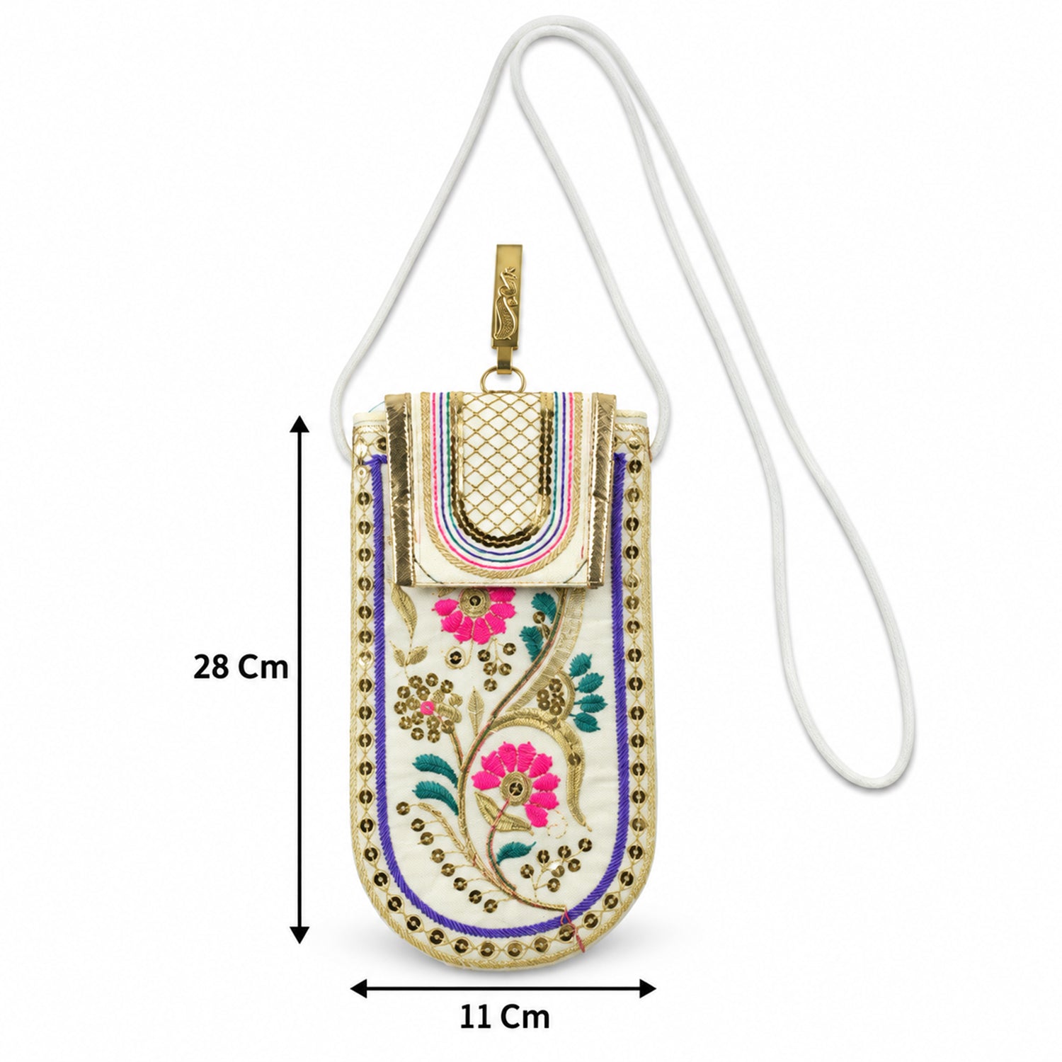 A white embroidered mobile pouch with a sling strap shows dimensions of 28 cm length and 11 cm width.