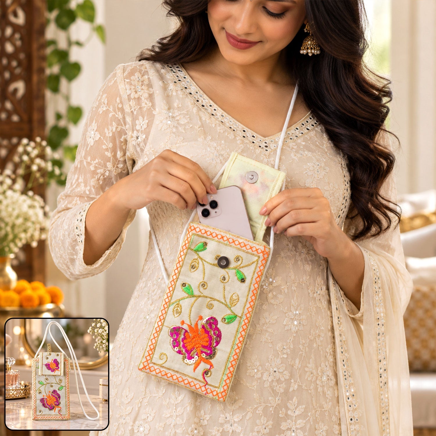 Woman in cream attire placing a phone into an embroidered white pouch, featuring a colorful butterfly motif.