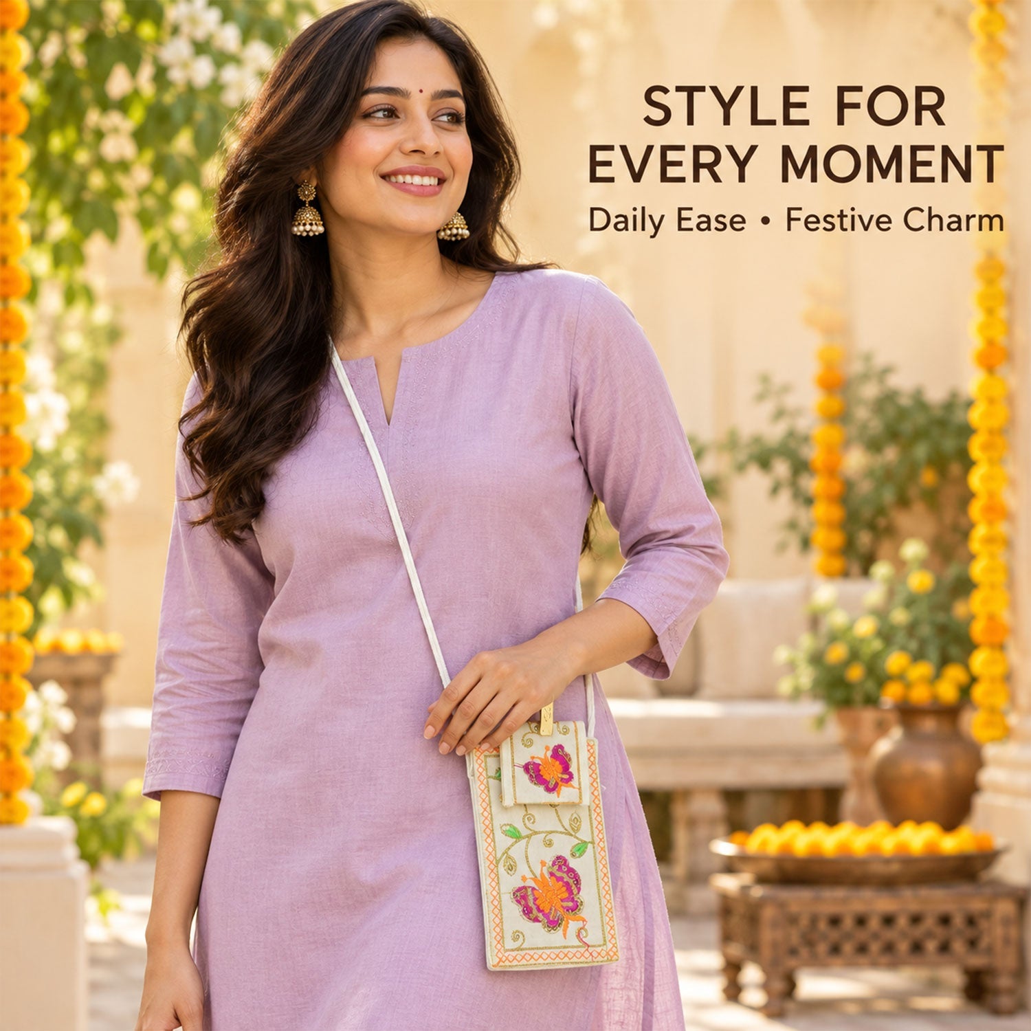 Smiling woman in a lavender dress wearing an embroidered white mobile pouch with an orange butterfly design.