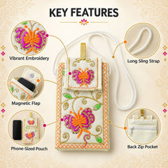 White embroidered mobile pouch with orange and pink butterfly design, showing features like magnetic flap and back zip.