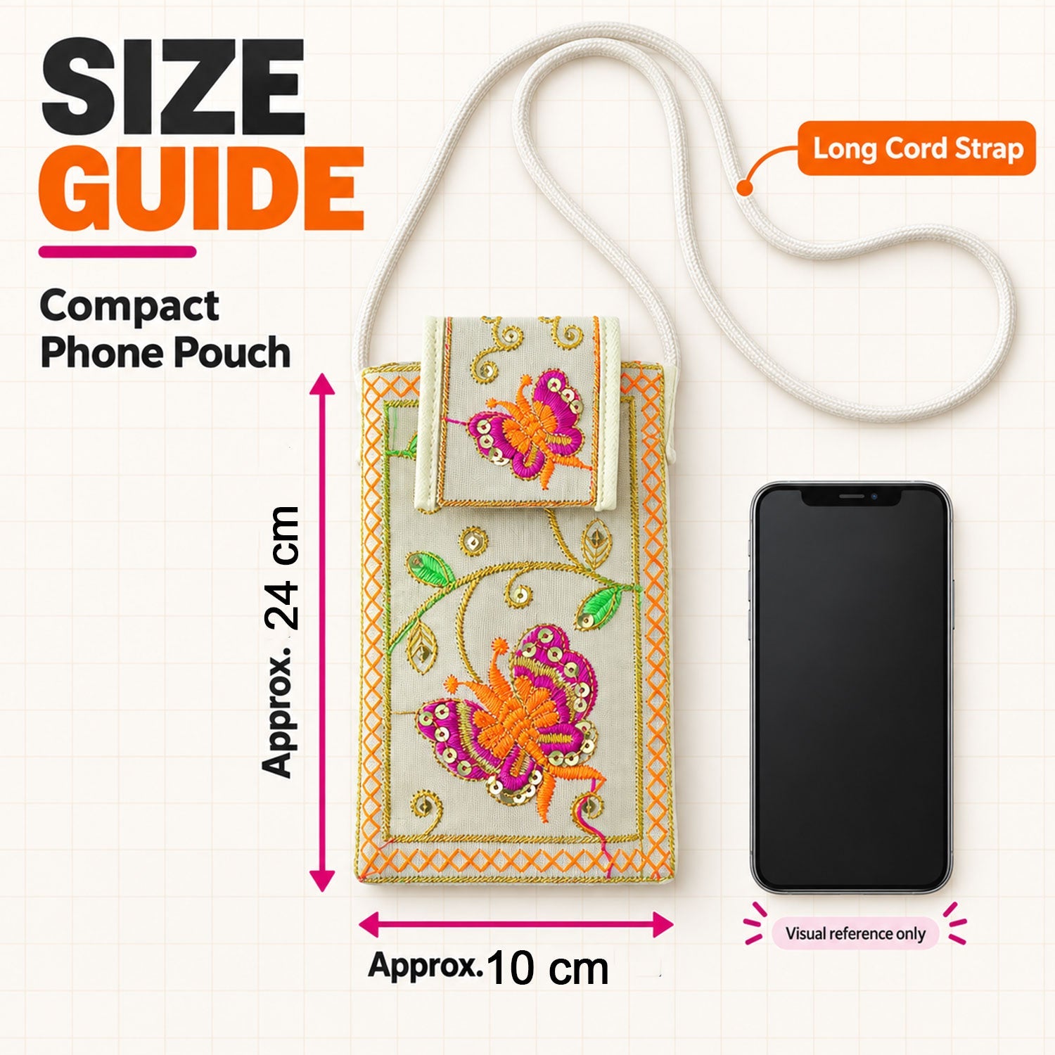 White embroidered mobile pouch with orange butterfly design, next to a black phone, illustrating its dimensions.