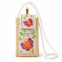 Close-up of a white embroidered mobile pouch with a vibrant orange and pink butterfly design and a white sling strap.