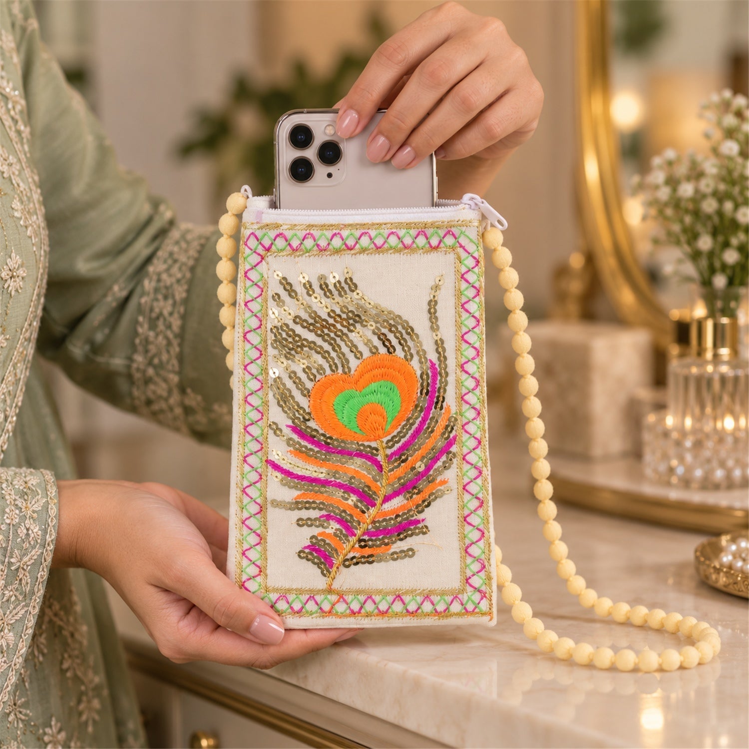 A woman's hands hold a silver phone, placing it into a cream mobile phone pouch with a colourful peacock feather design.