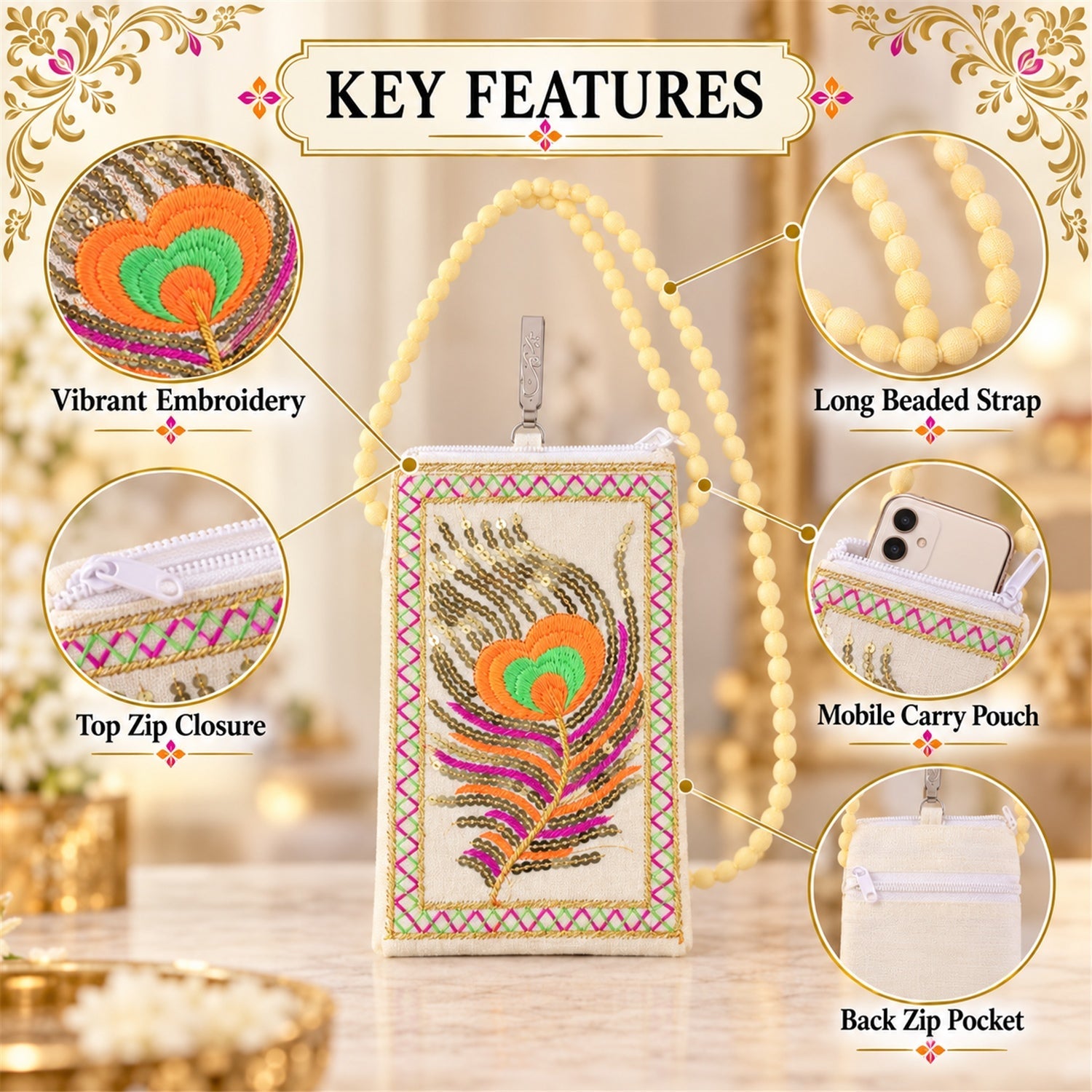 A collage of images highlighting the phone pouch's vibrant embroidery, long beaded strap, mobile carry pouch, and back zip
