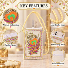 A collage of images highlighting the phone pouch's vibrant embroidery, long beaded strap, mobile carry pouch, and back zip