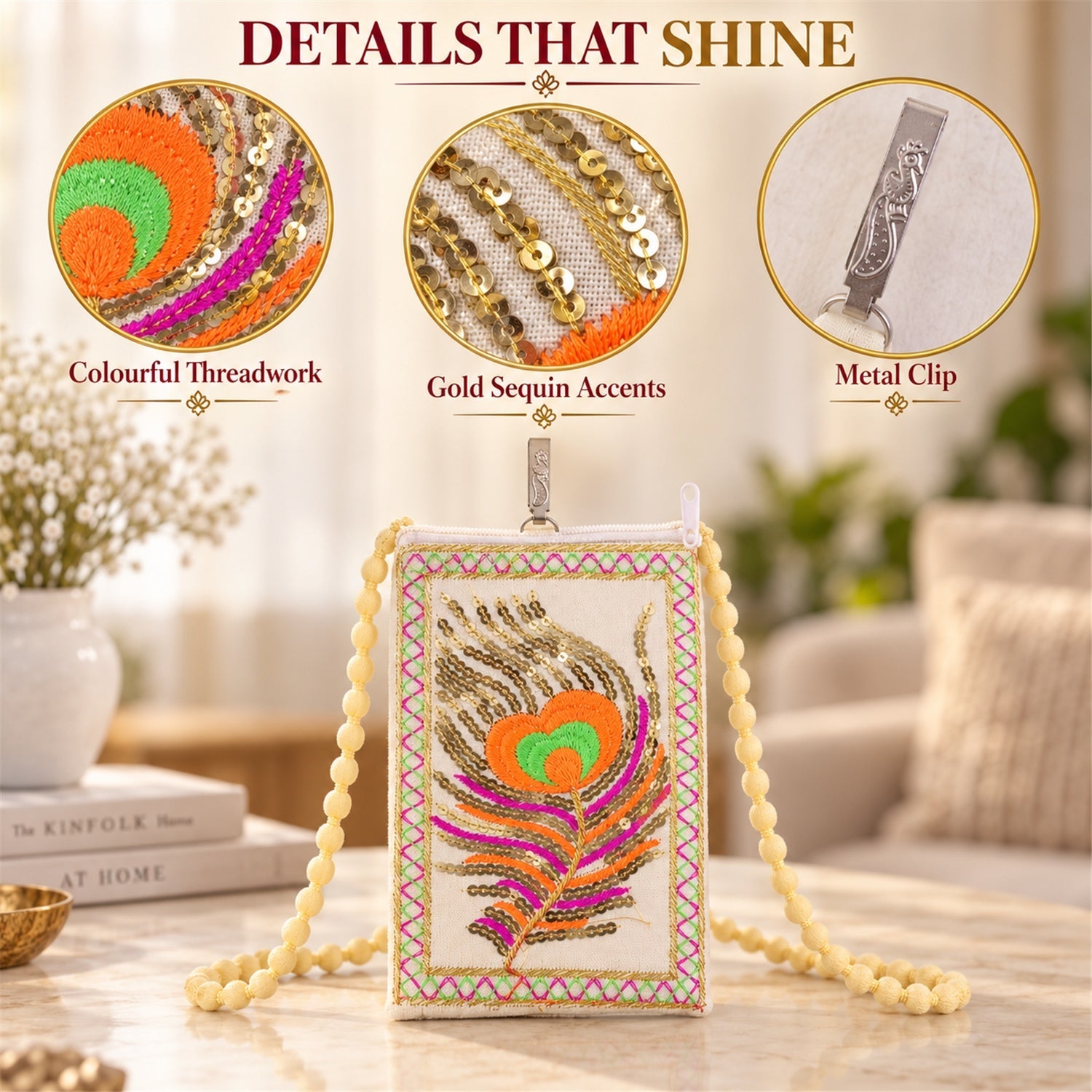 A collage showing close-ups of the phone pouch's colourful threadwork, gold sequin accents, and metal clip details.