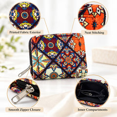 A detailed view of the colorful patterned fabric coin purse, highlighting its zipper closure and internal pockets.