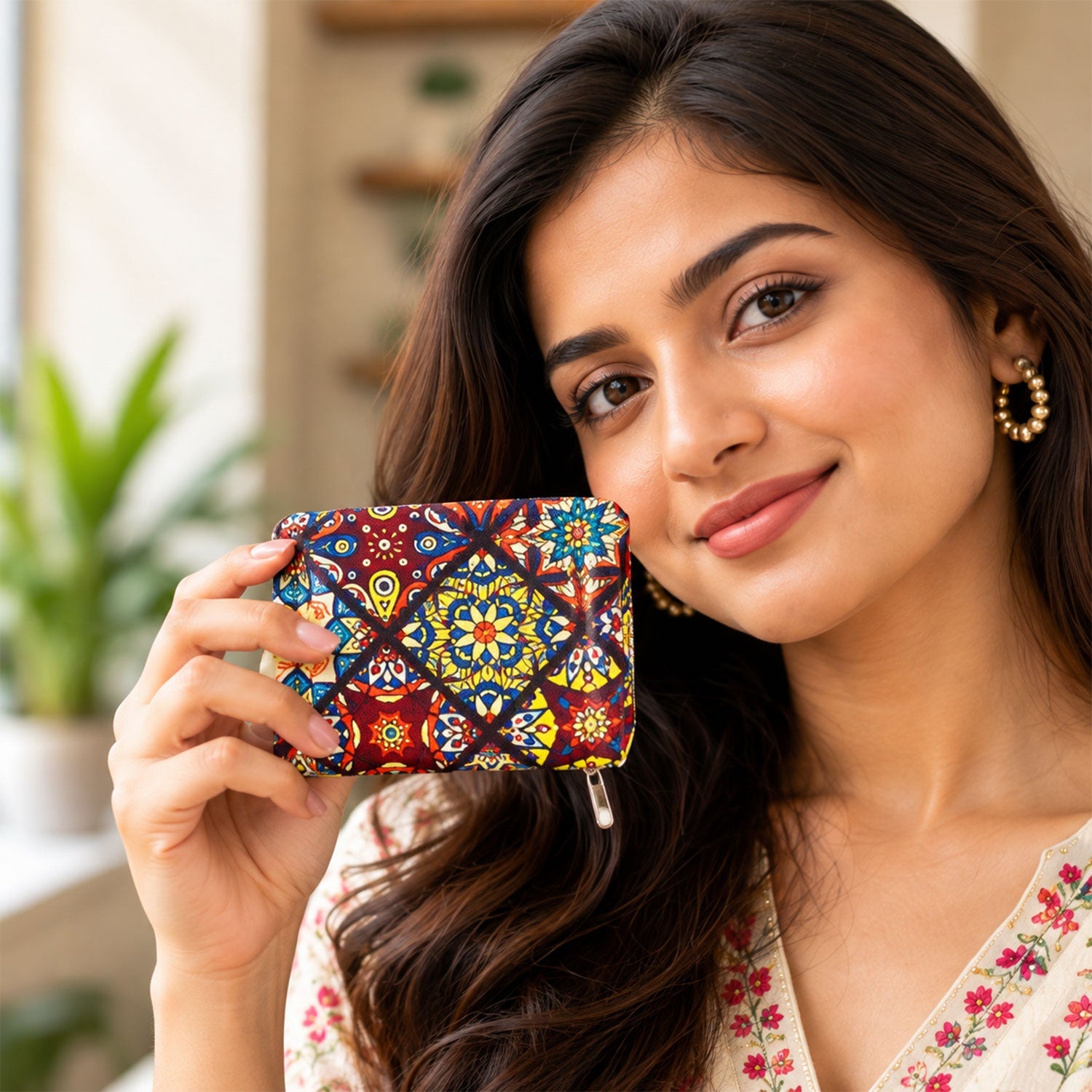 A smiling woman holds up the small, brightly patterned coin purse, looking directly at the viewer.