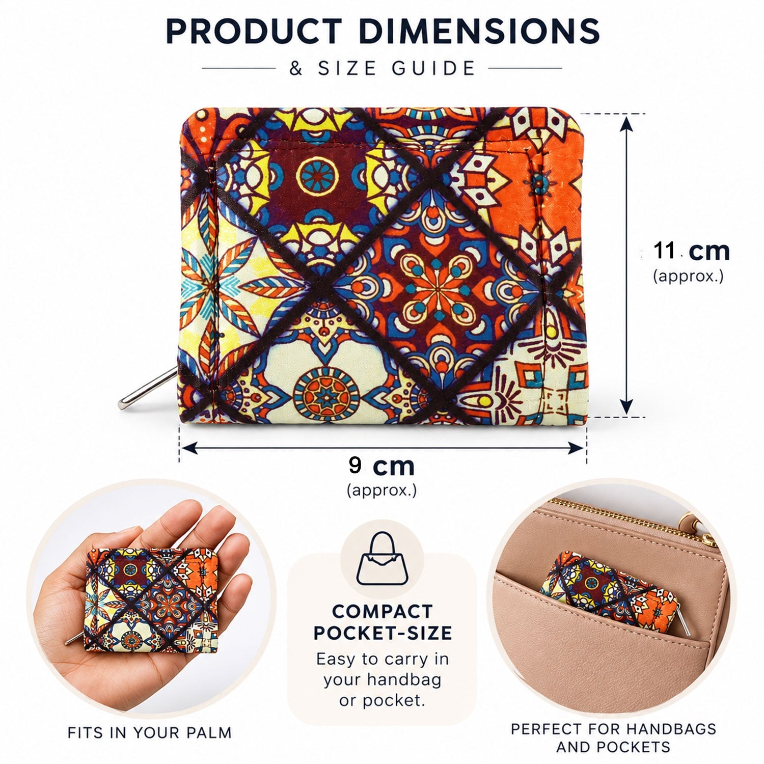 The colorful fabric coin purse is shown with its dimensions, next to images demonstrating its compact size in a hand and a