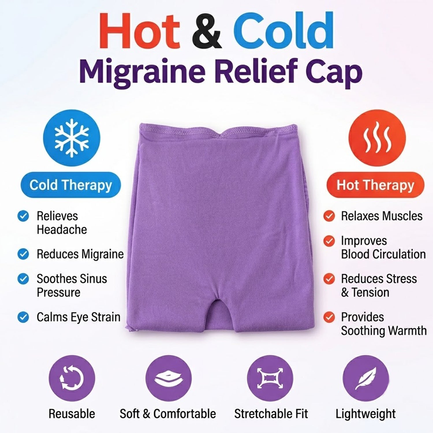 A purple head wrap is centered, flanked by icons detailing its cold and hot therapy benefits.