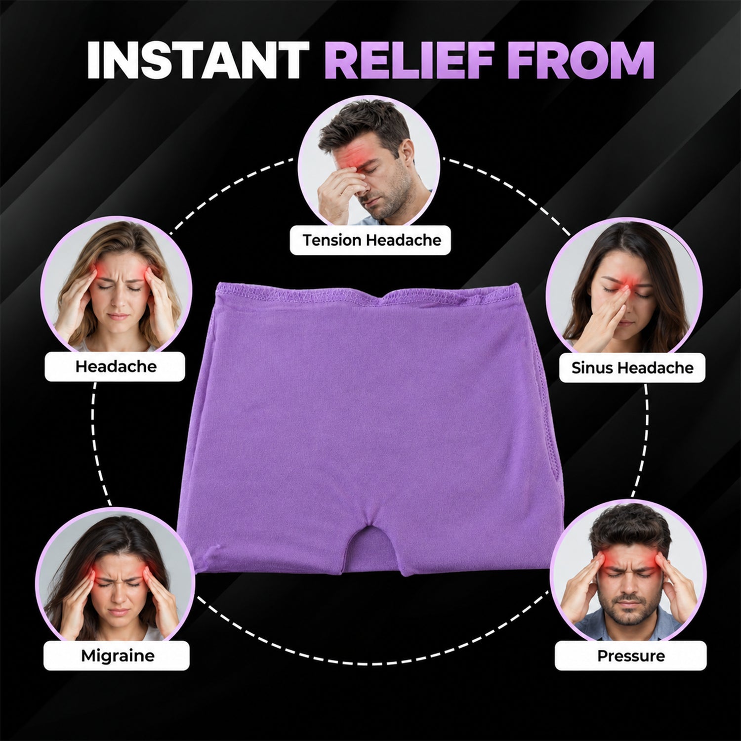 A purple head wrap is surrounded by circular images of people experiencing different types of headaches.