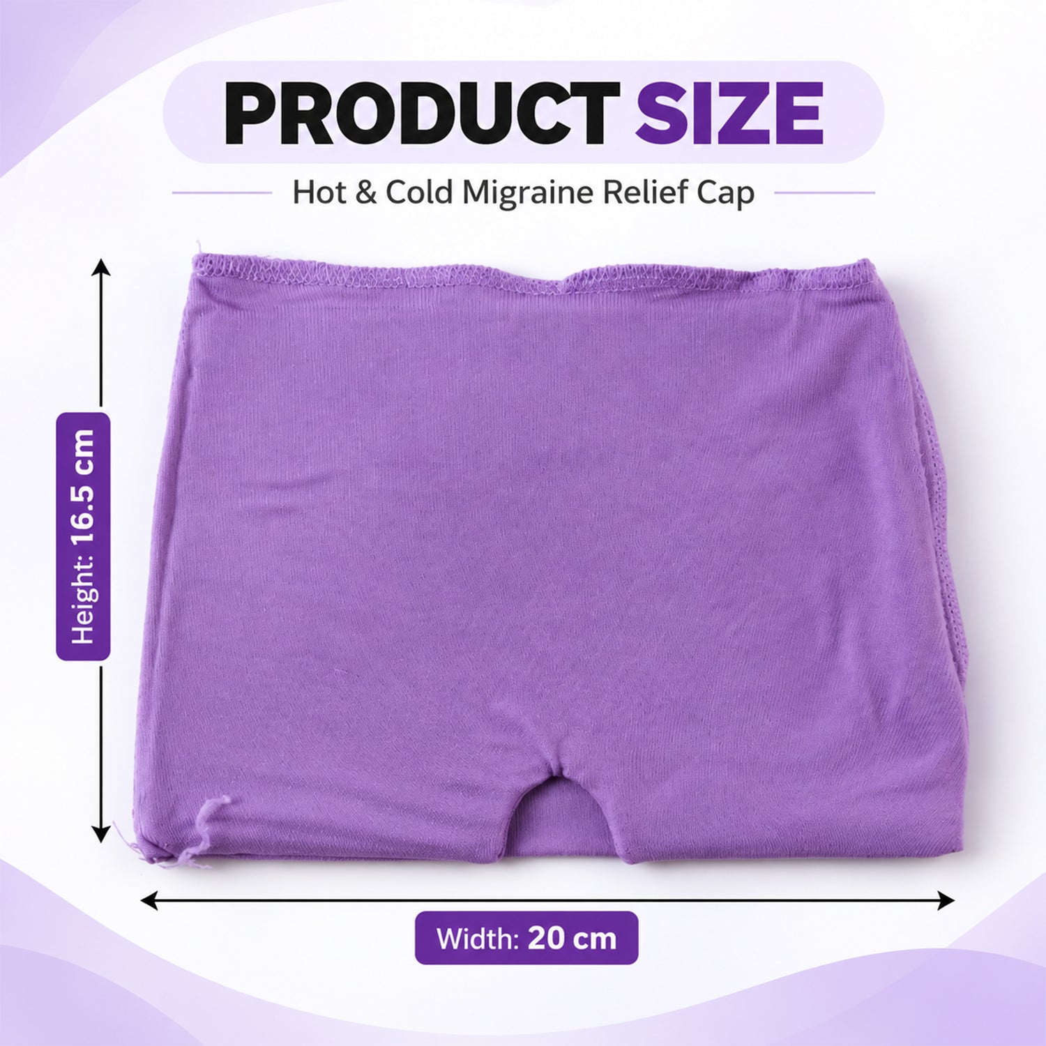 A purple head wrap is displayed with its height of 16.5 cm and width of 20 cm indicated.