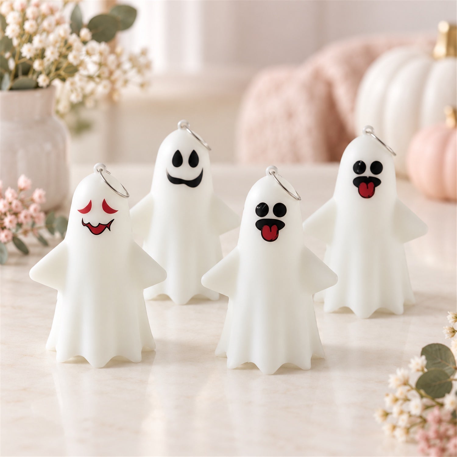 Four white ghost figures with distinct playful faces and hanging rings stand on a light-colored surface.