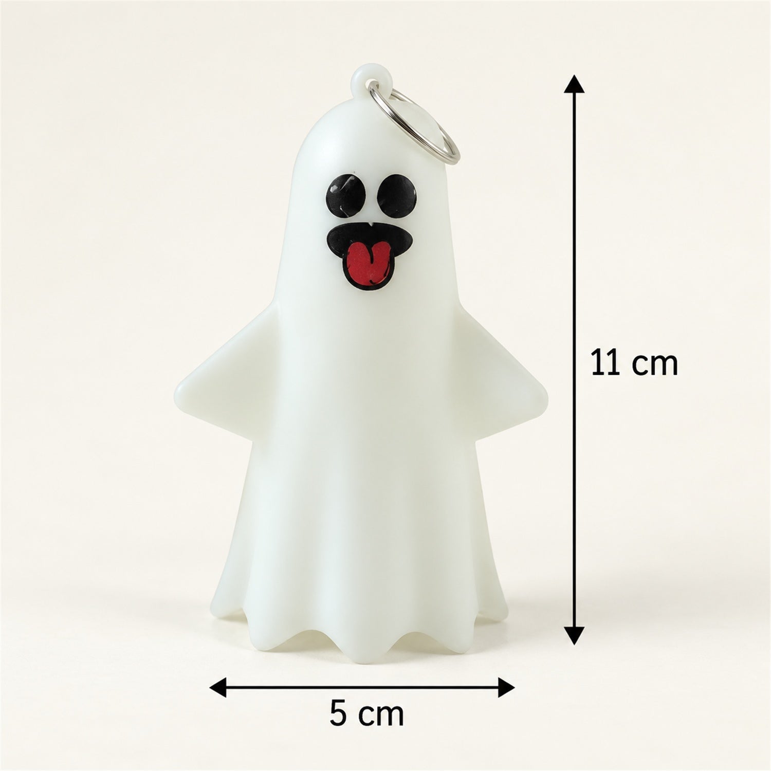 A single white ghost figure with a tongue-out face and hanging ring is shown with its dimensions.