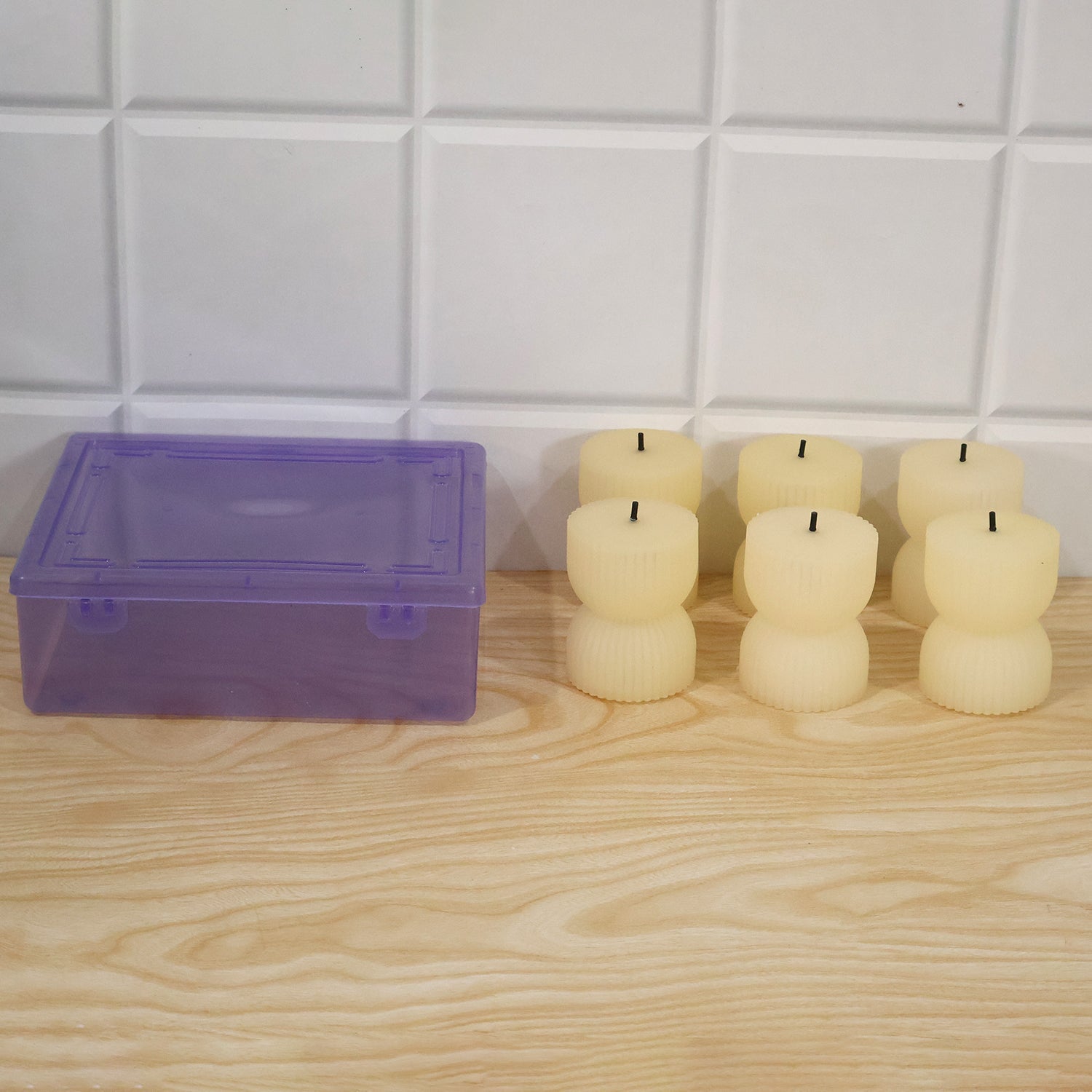 Actual product and plastic box for Hourglass Ribbed Flameless LED Candles