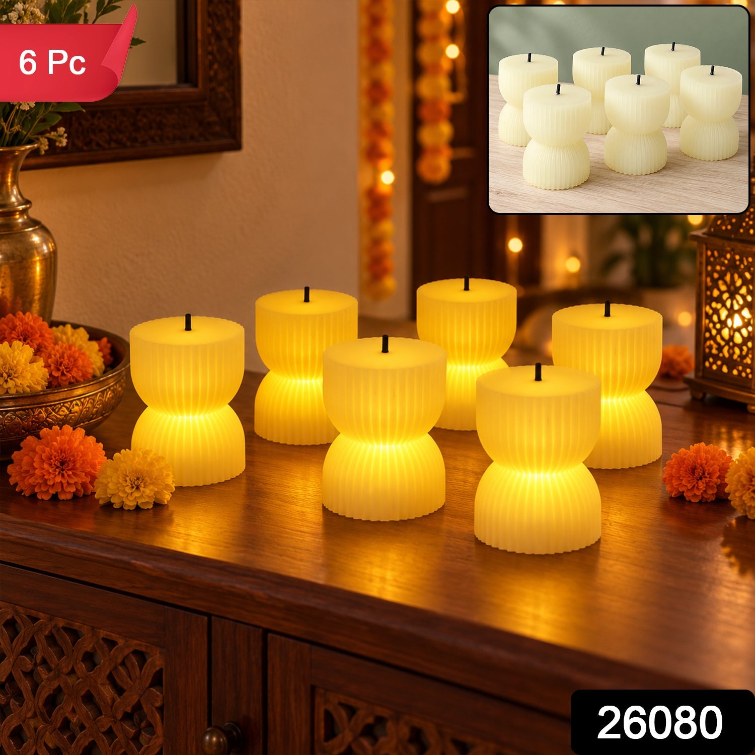 Six glowing ribbed LED candles on a wooden console table with flowers, with an inset showing the candles unlit.