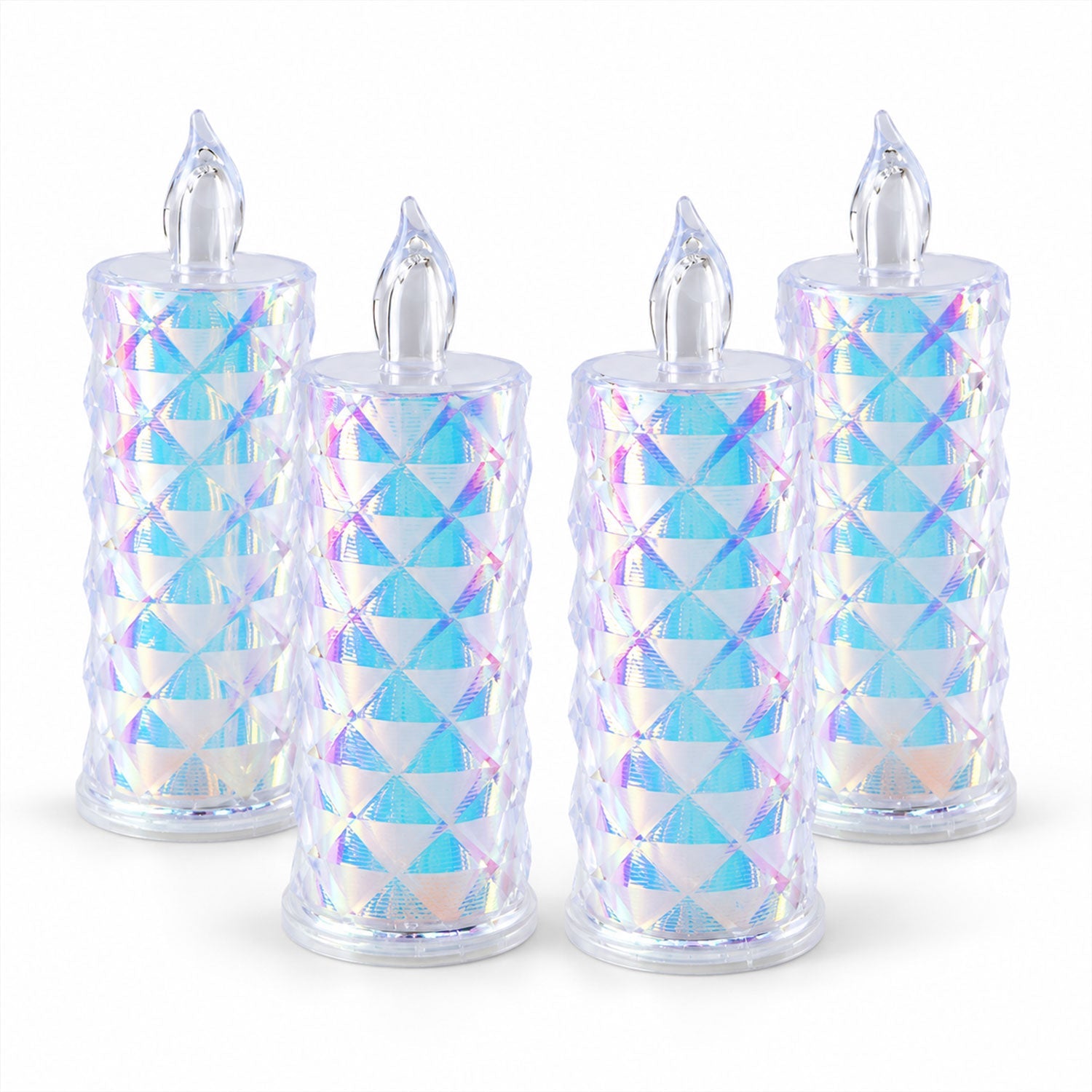 Four unlit crystal LED candles, featuring a diamond-cut pattern and iridescent finish, stand upright on a white surface.