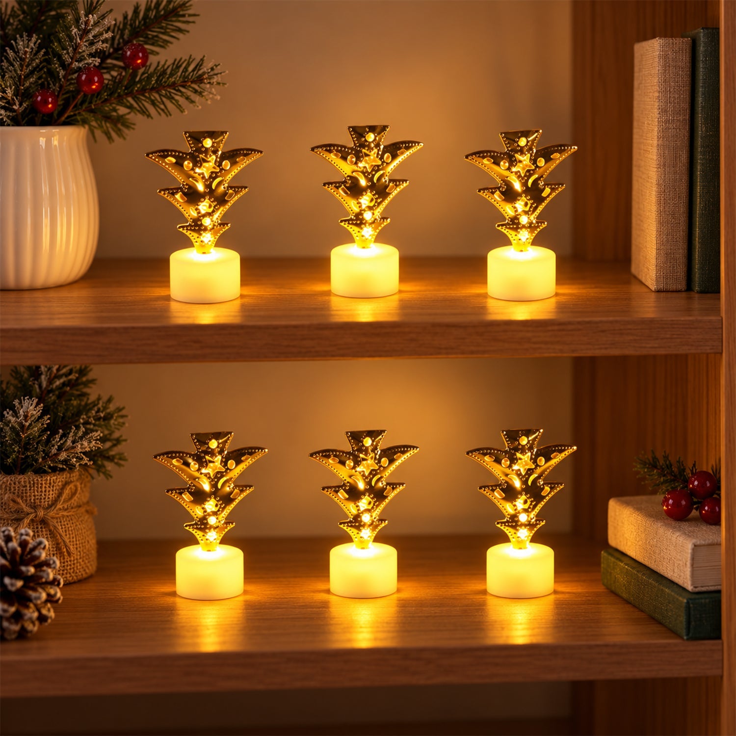 Six golden pineapple LED tealights illuminate a wooden shelf with holiday decor.