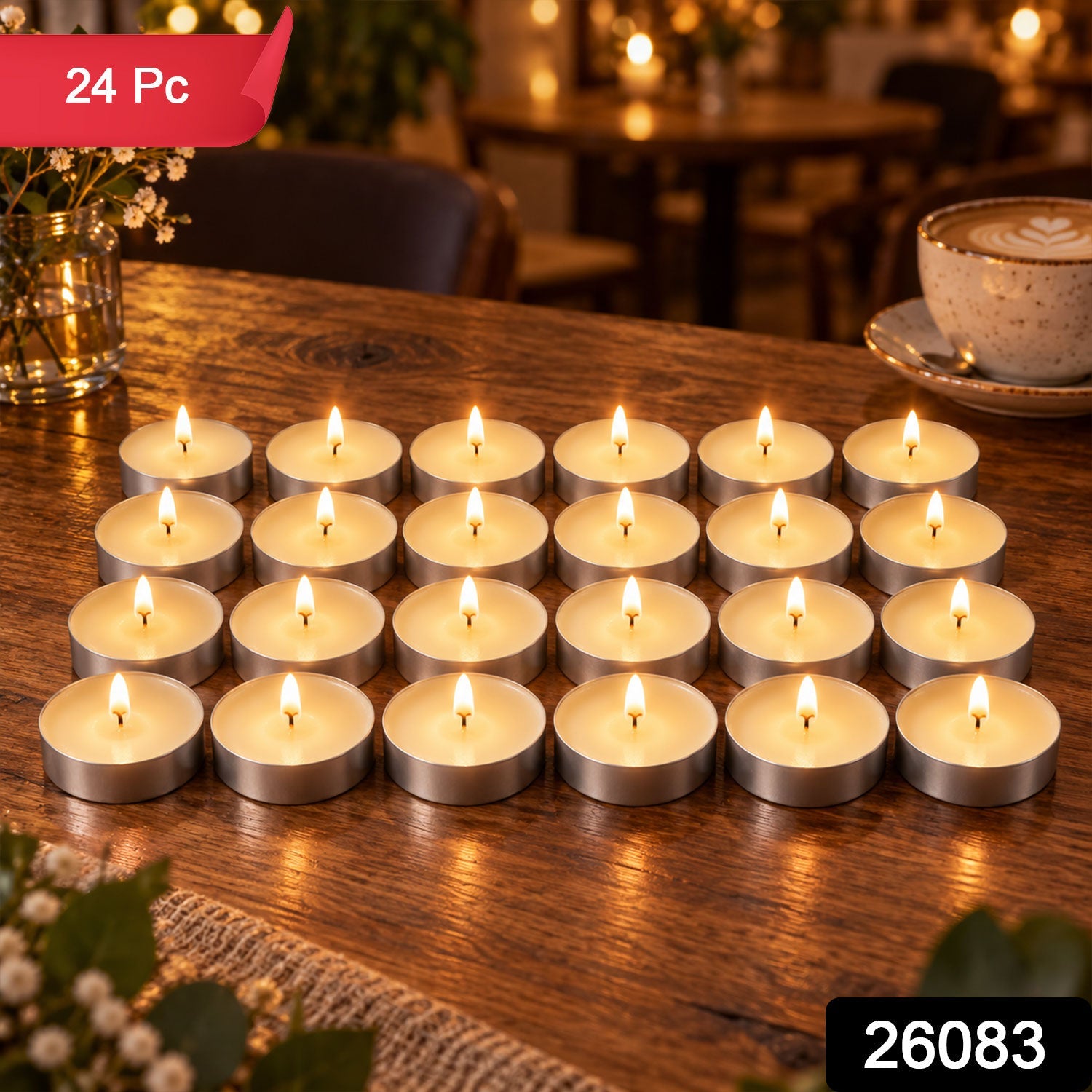 A grid of twenty-four lit white tealight candles on a wooden surface, with a red banner and product number.