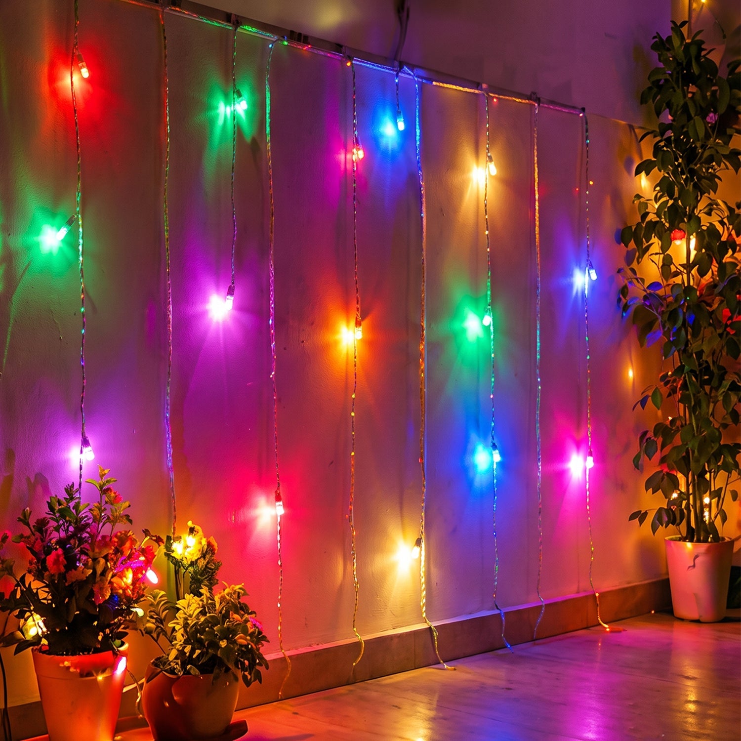 Multi-color LED curtain lights hanging vertically on a wall, illuminating potted plants below.