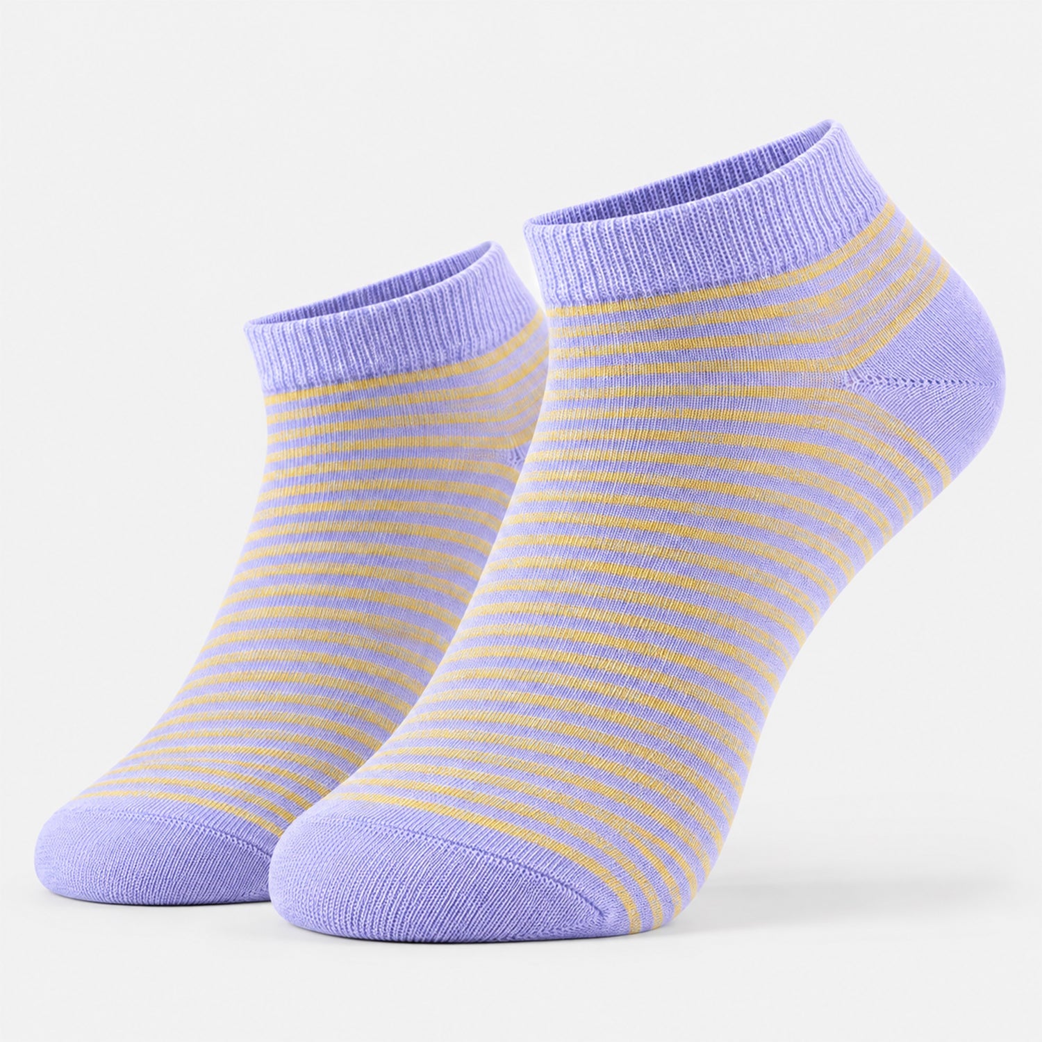 A pair of light purple and yellow striped ankle socks standing upright on a plain gray background.