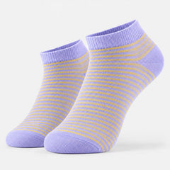 A pair of light purple and yellow striped ankle socks standing upright on a plain gray background.
