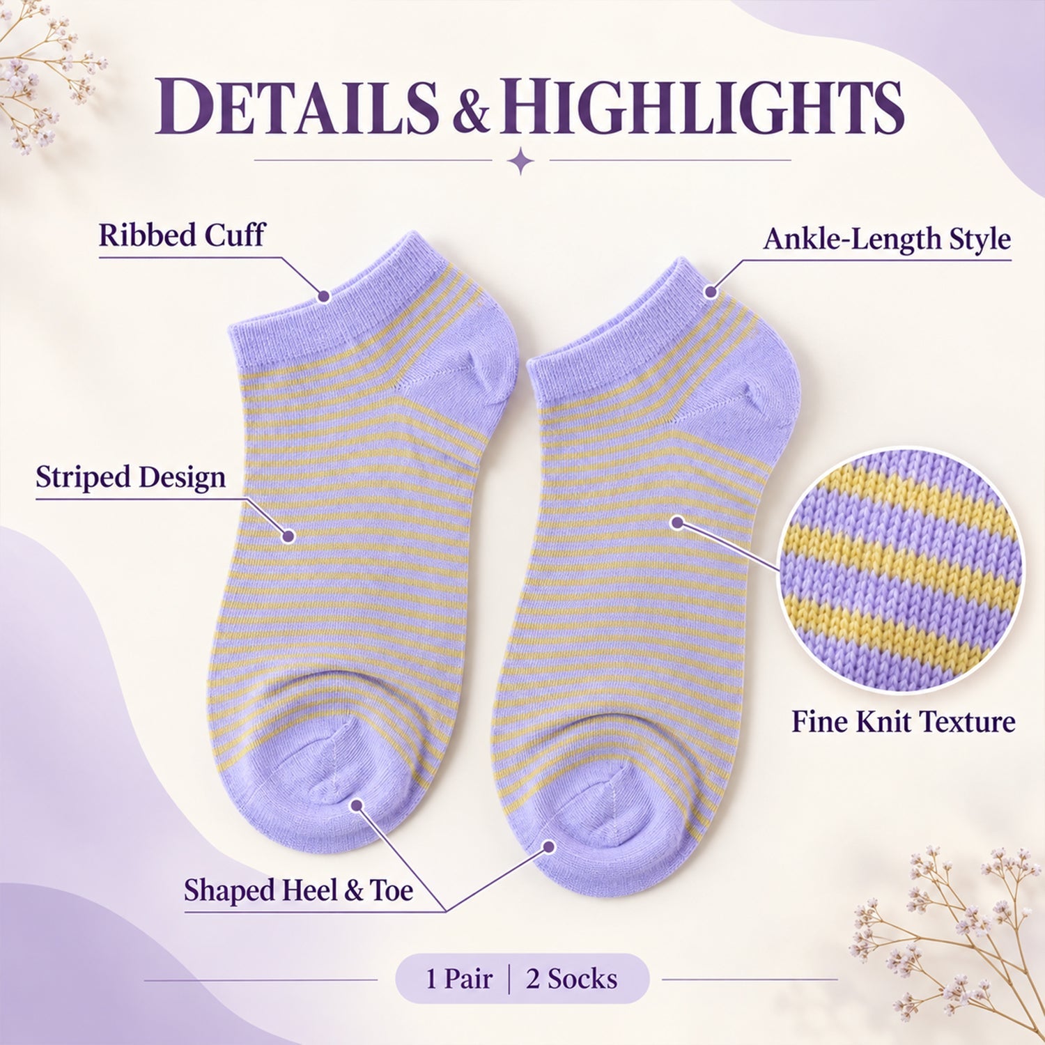 An infographic highlighting features of the light purple and yellow striped ankle socks, including ribbed cuff and fine knit
