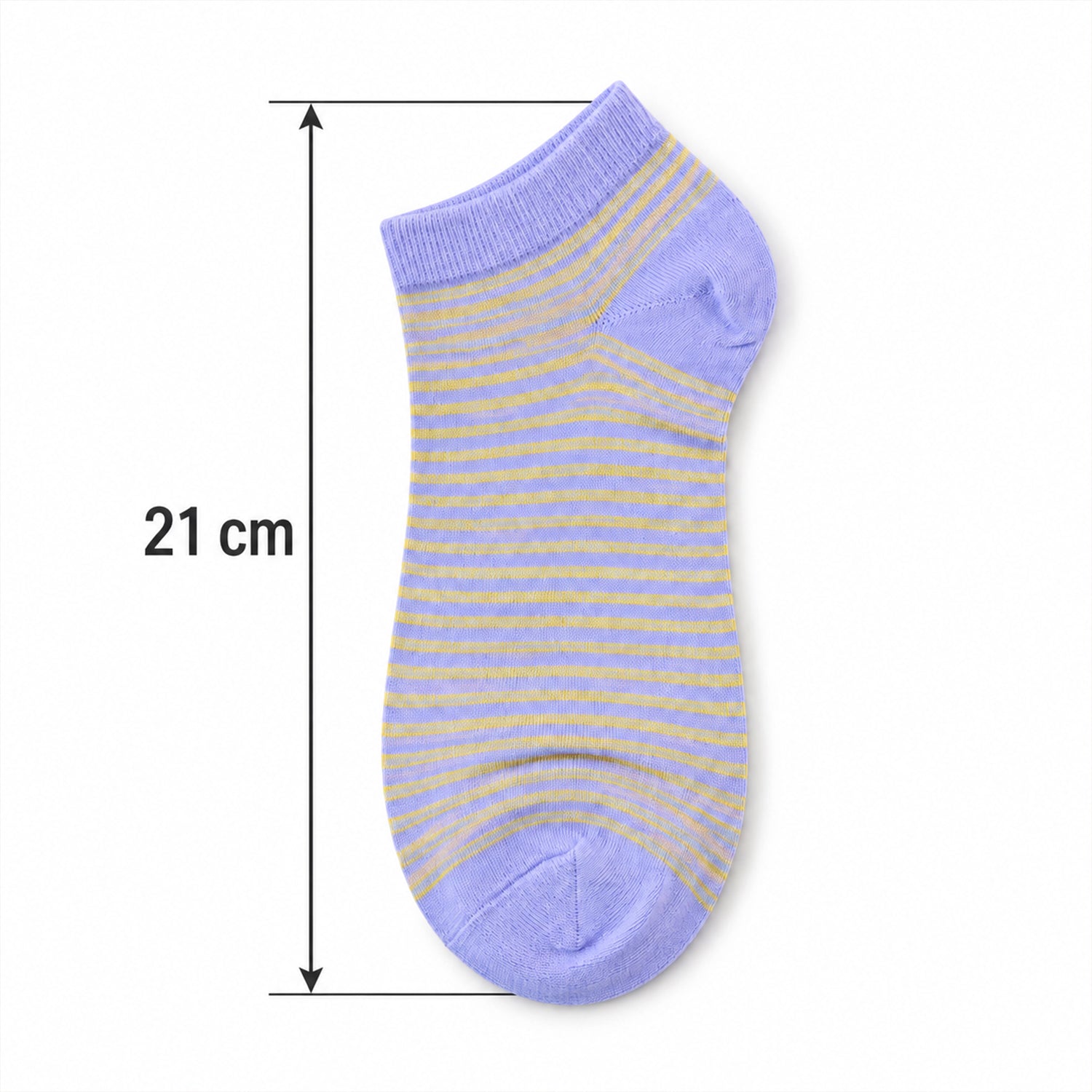 A single light purple and yellow striped ankle sock with a 21 cm measurement indicated by arrows on a white background.