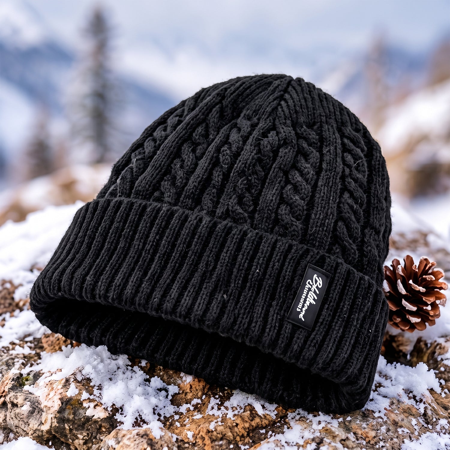 A black cable knit beanie with a ribbed cuff and brand label, placed on a snow-dusted rock with a pinecone nearby.
