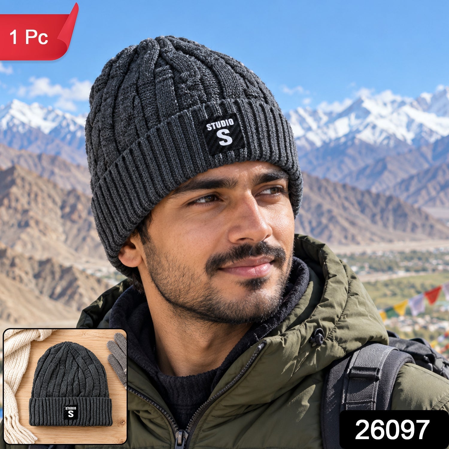 A man wearing a dark grey knit beanie in a snowy mountain setting, with a small inset showing the beanie and a scarf.