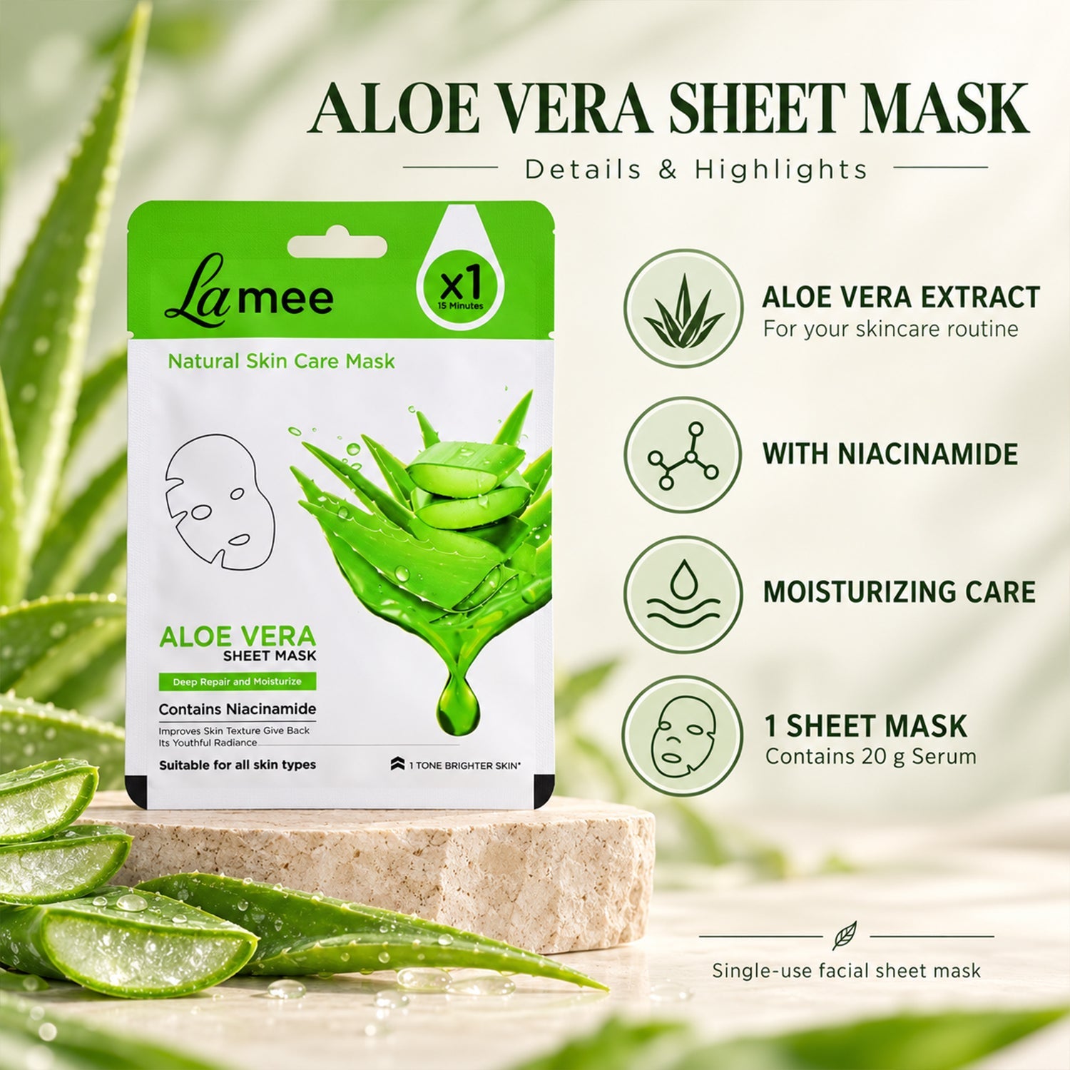 Close up of aloe vera facial sheet mask ingredients and benefits