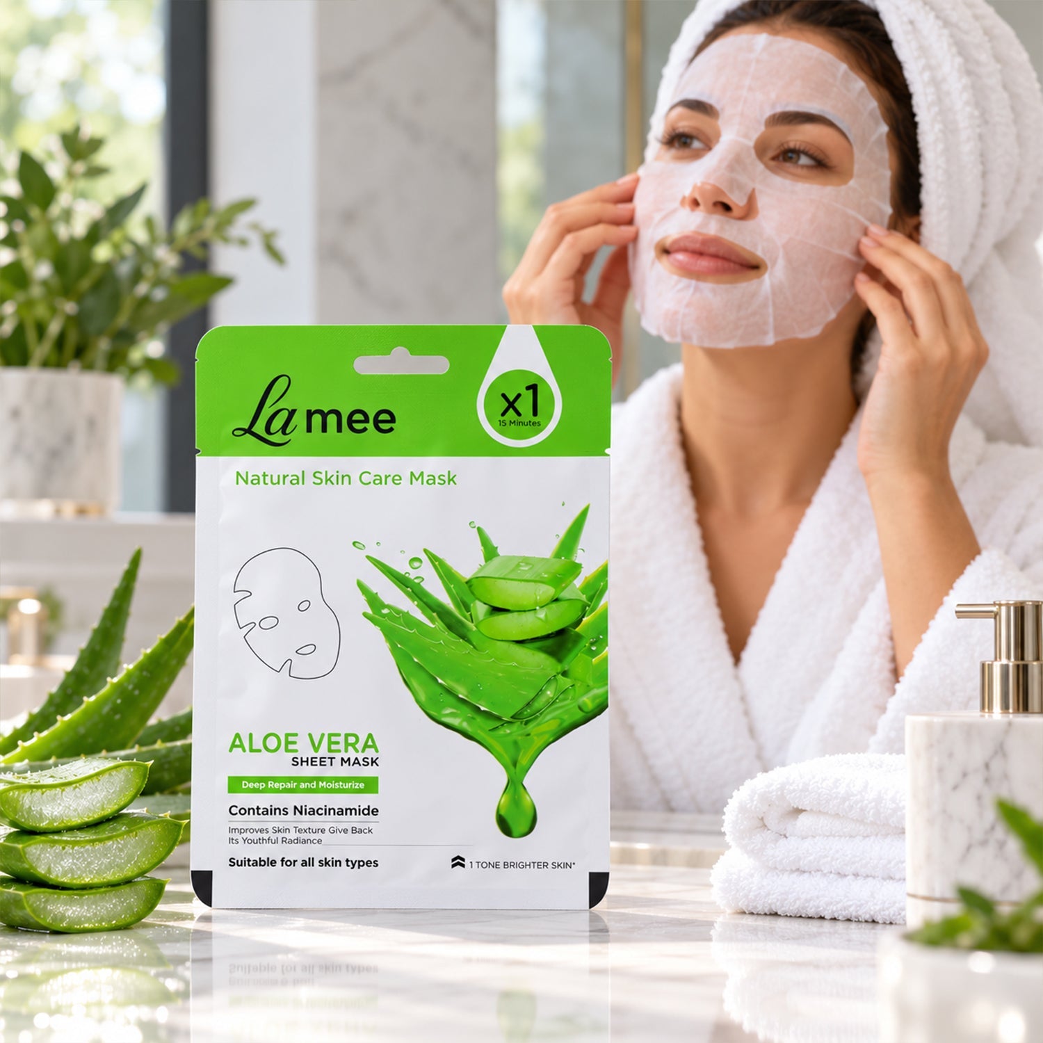 Diagram showing steps to use the aloe vera facial sheet mask