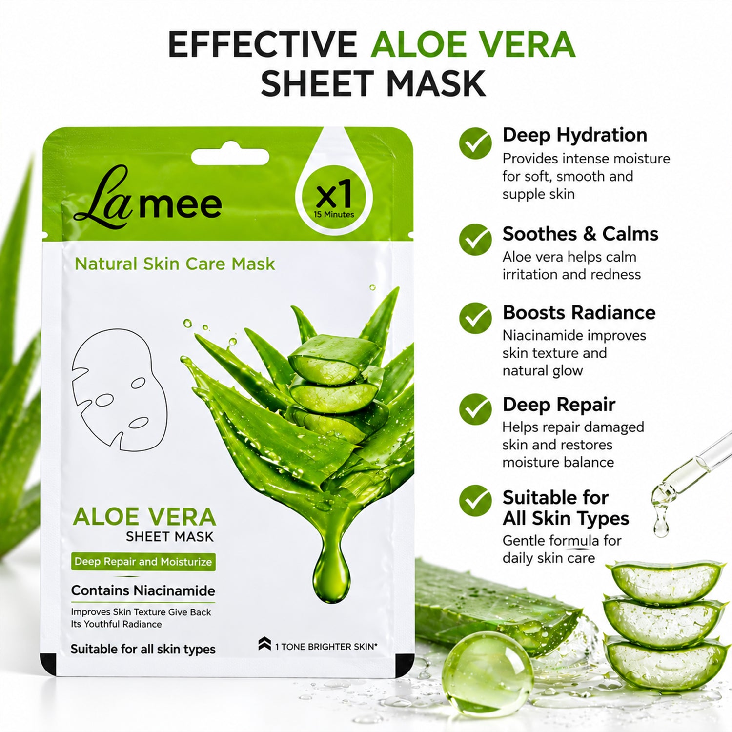 Aloe vera facial sheet mask against a clean white background