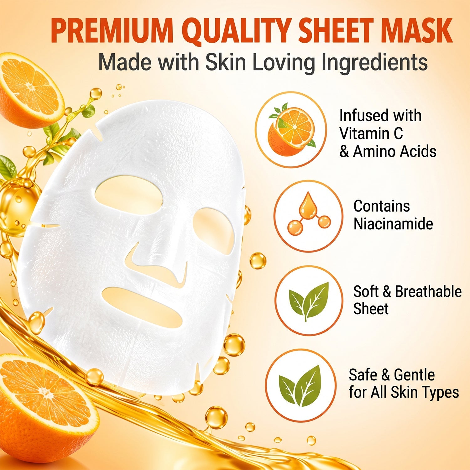 A white sheet mask is displayed with orange slices and liquid splashes, alongside text detailing product benefits like