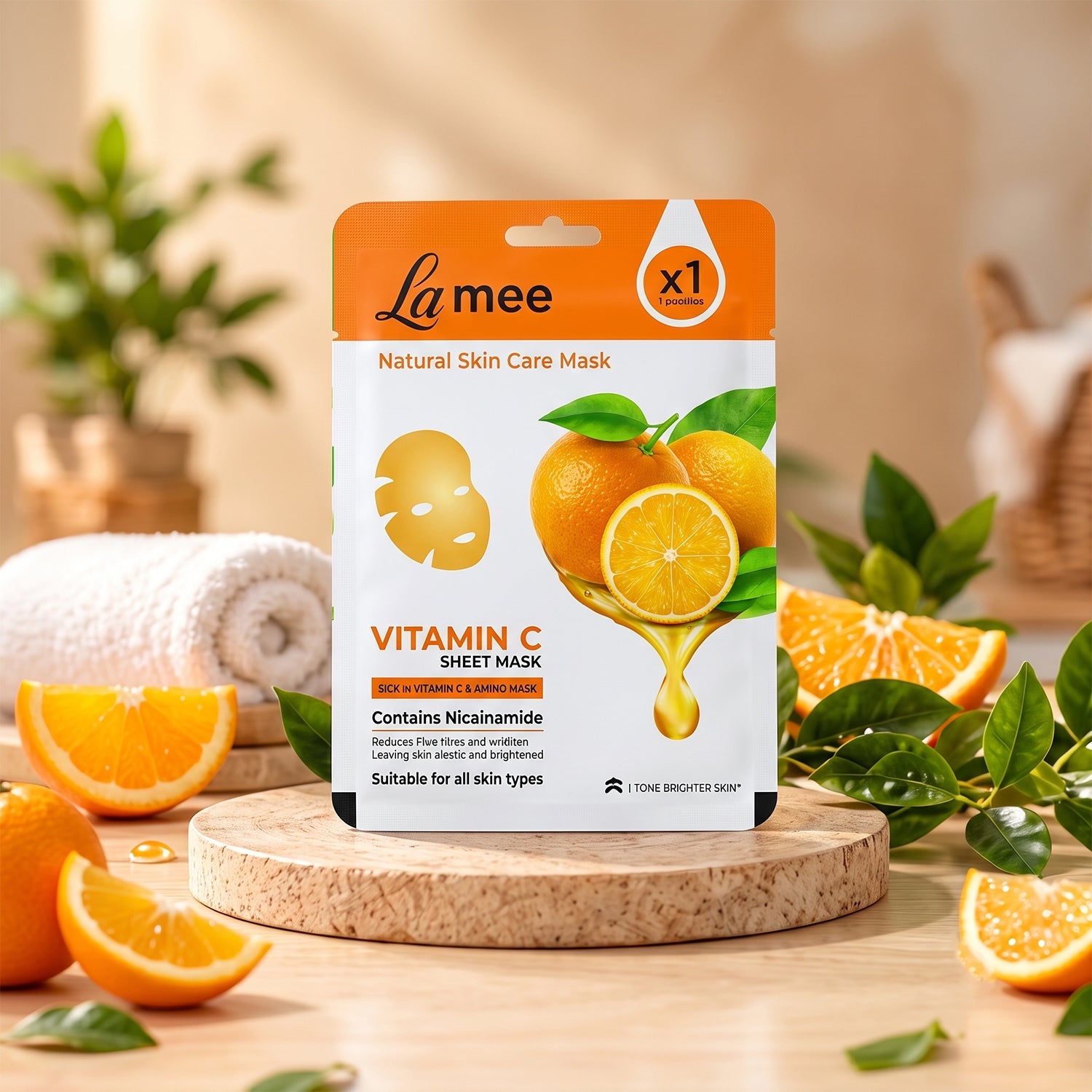 A white and orange sheet mask package stands upright on a wooden riser, surrounded by fresh orange slices and green leaves.