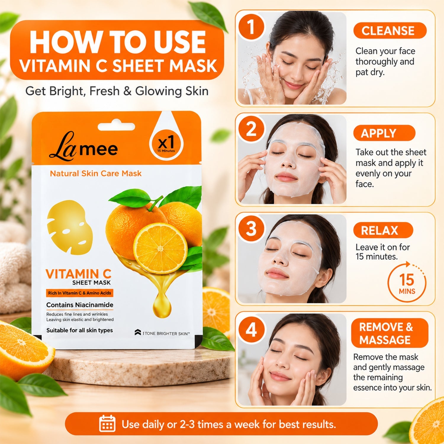 A collage of four images showing a woman cleansing, applying, relaxing with, and removing a sheet mask, next to the product